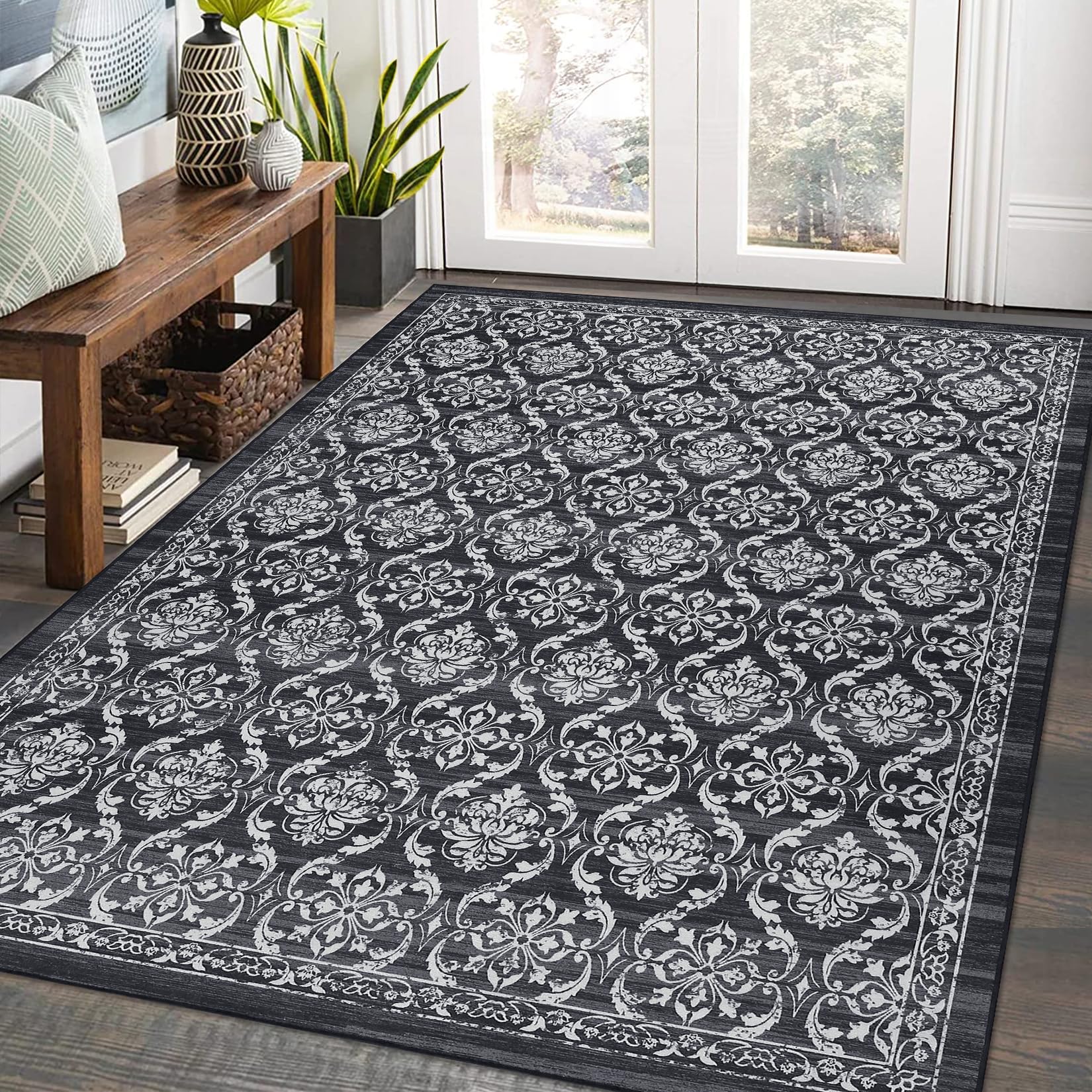 LUXLOOM 5x7 Area Rug Living Room Rug Vintage Floral Washable Rug Modern Textured Distressed Carpet Ultra-Thin Non-Shedding Foldable Farmhouse Rug Non
