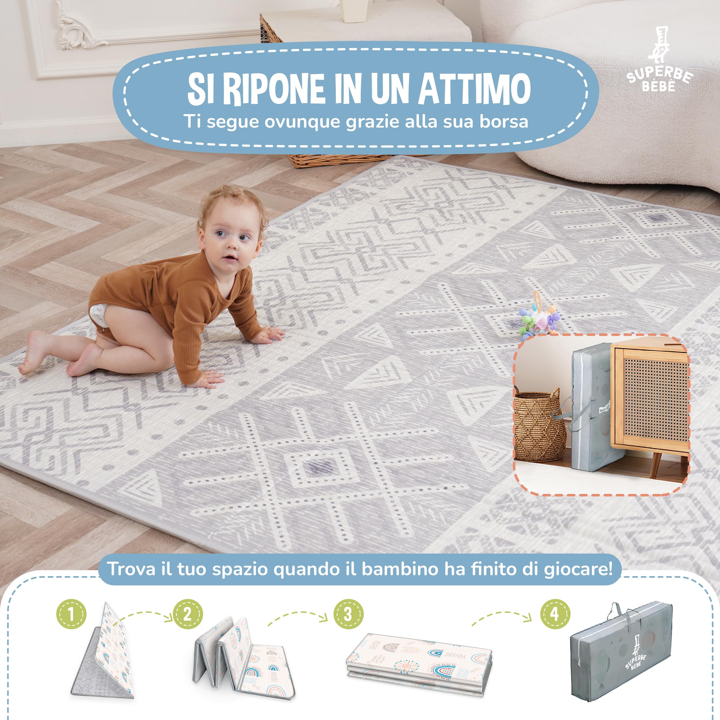 Tappeto Gioco Bambini Pieghevole 180x200x1.5cm Palestrina Neonato Montessori Reversibile Non Tossico E Impermeabile In Schiuma Per Bimbi. Palestra Neonati - Tappeto Tummy Time Neonati - Regalo Bambino