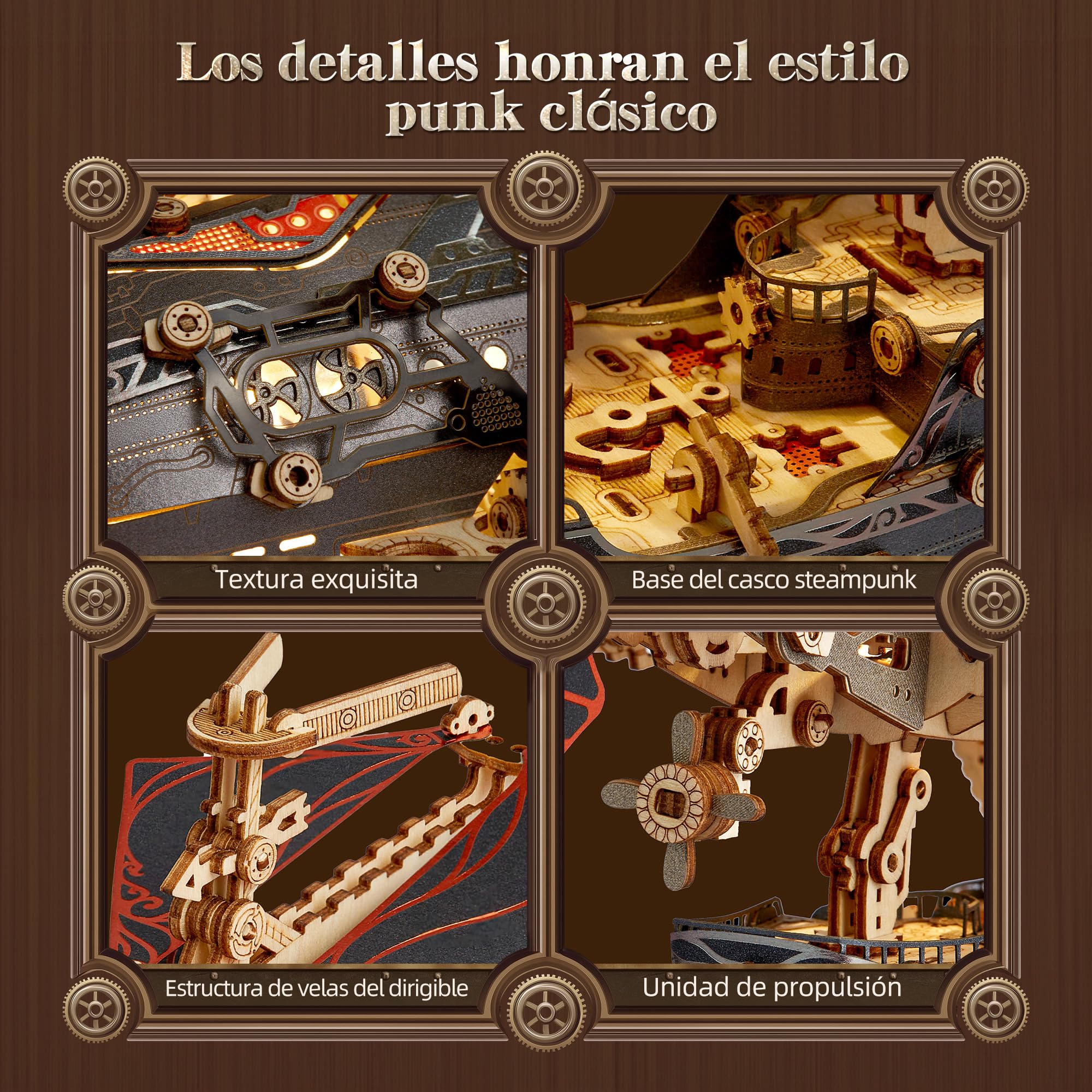 FUNPOLA LED Puzzle 3D de Madera Modelo de dirigible - Steampunk Maquetas para Construir Adulto con LED - Construcción de Modelo de dirigible de Madera para Adultos (Gris)