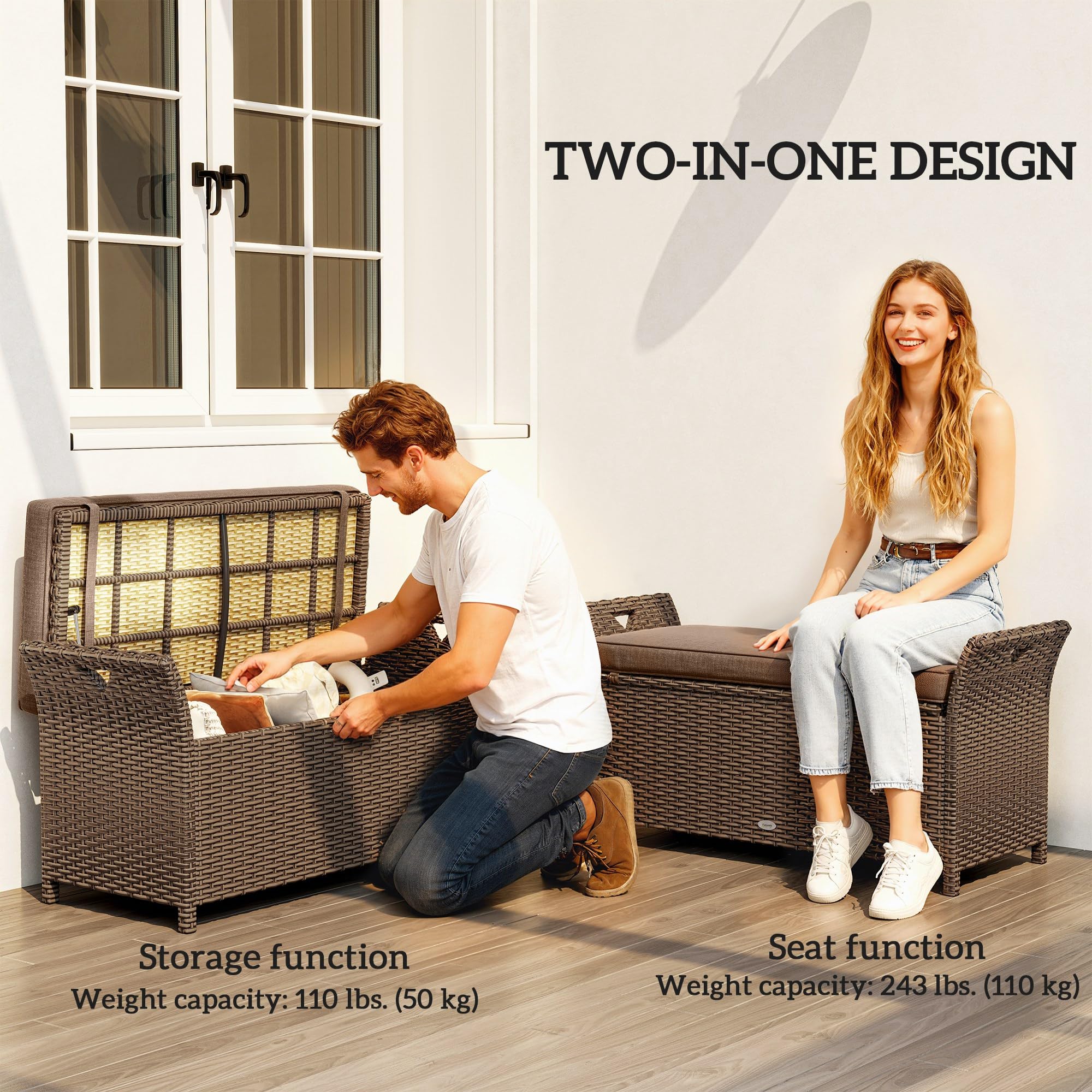 Outsunny 2-In-1 Patio Wicker Storage Bench, 29 Gallon Outdoor PE Rattan Patio Furniture, Large Capacity Rectangle Basket Box with Handles and Cushion, Tan - 5