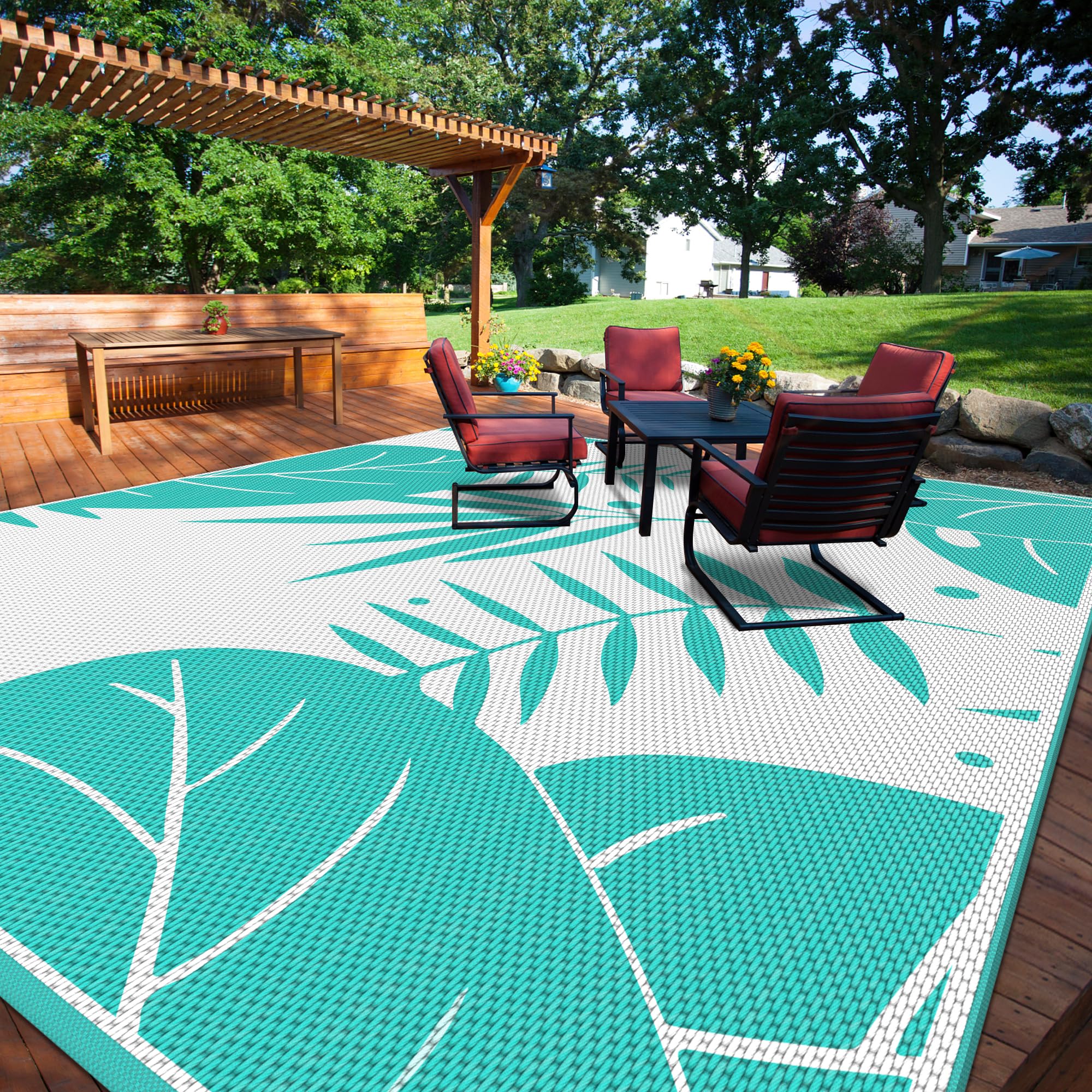 Outdoor Rug with Green Palm Leaf 8x10ft, Outdoor Plastic Straw Rug,  Waterproof, Easy Cleaning, Non Shedding, Foldable and Portable, Reversible  Mats