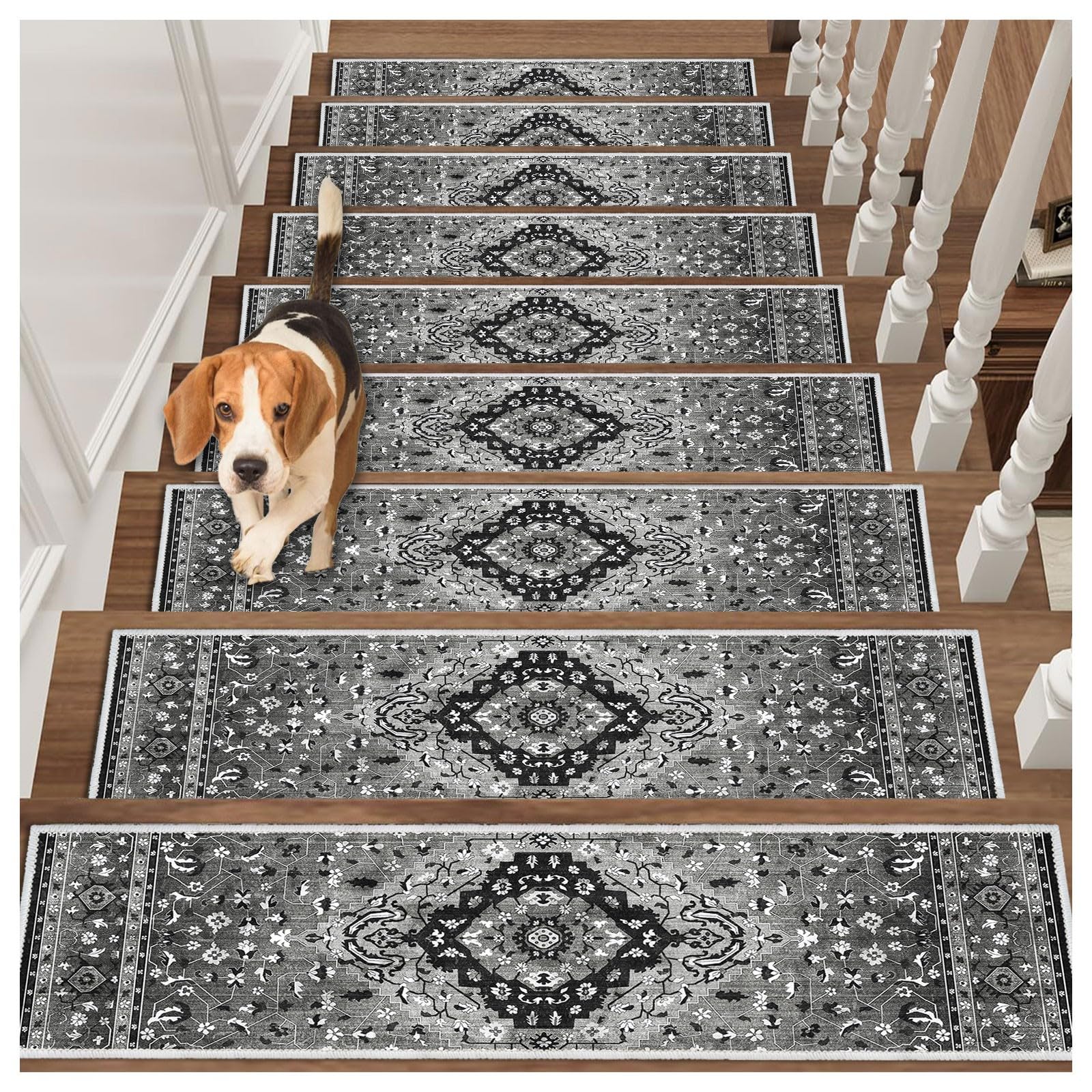 Edging Stair Treads Non-Slip Carpet Mat, 30in X 8in Indoor Stair Runners for Wooden Steps, Rubber Backing Stair Rugs for Kids Elders and Pets(Black/