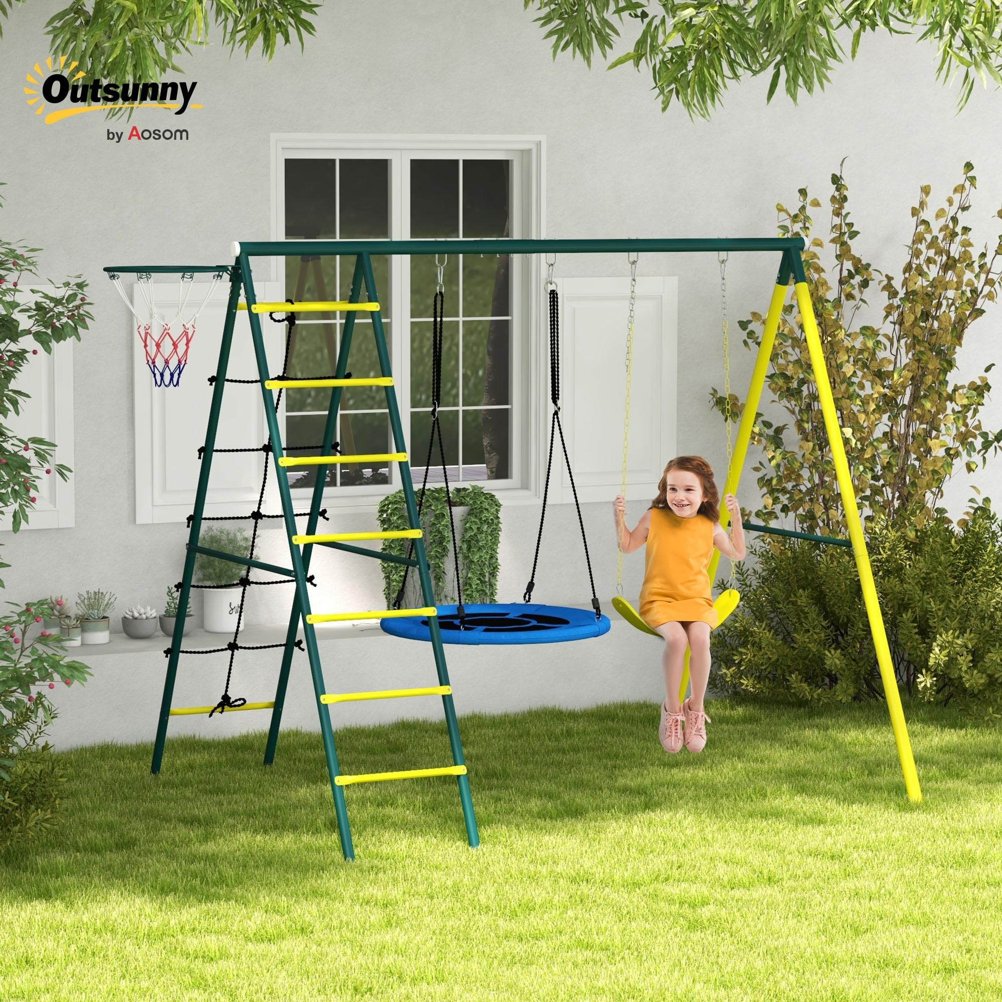 Outsunny Columpio Infantil 4 en 1 Exterior Nido Niños 3 a 8 Años Amarillo