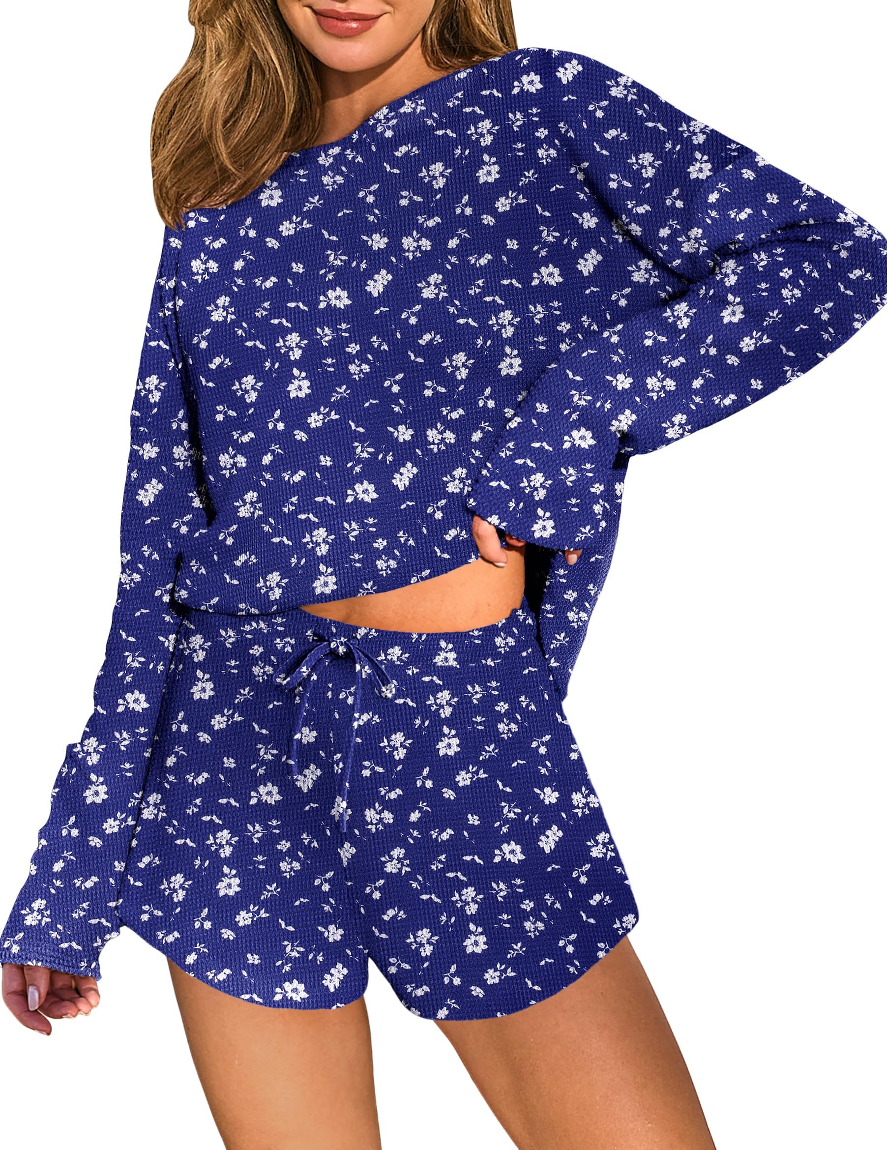 ELESOL Womens Waffle Knit Pajama Sets Long Sleeve Top and Shorts Matching 2 Piece Lounge Set Loungewear with