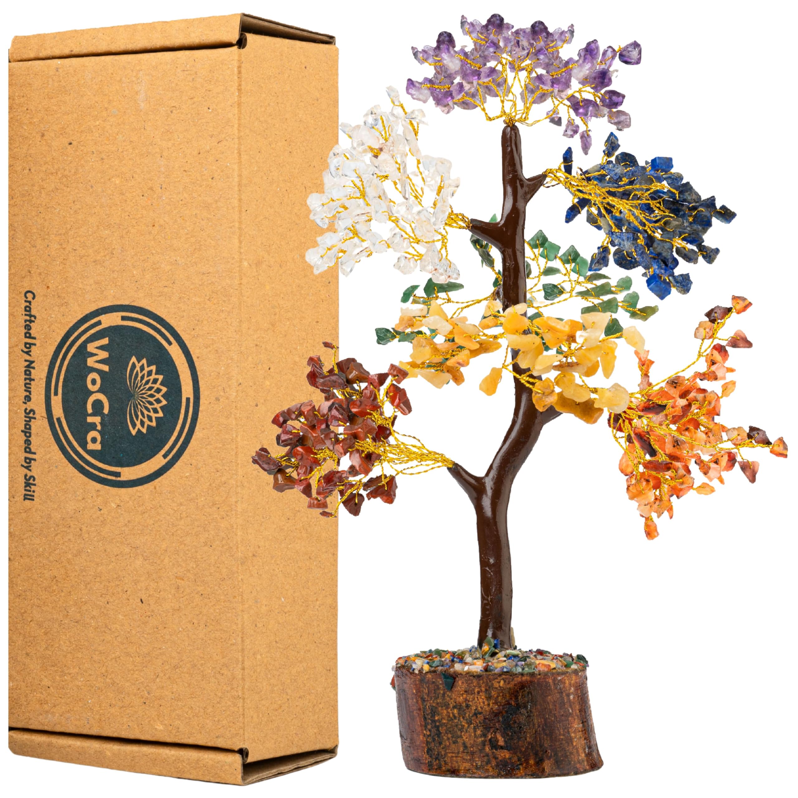 WoCra® Seven-Chakra Crystal Gemstone Tree 300 Beads |100% Natural Healing Bonsai Home Decor Fortune Money Tree | Feng Shui Tree | Multicolor Beads,10-12 Inch (Seven Chakra (Golden Wire)) |1 Piece