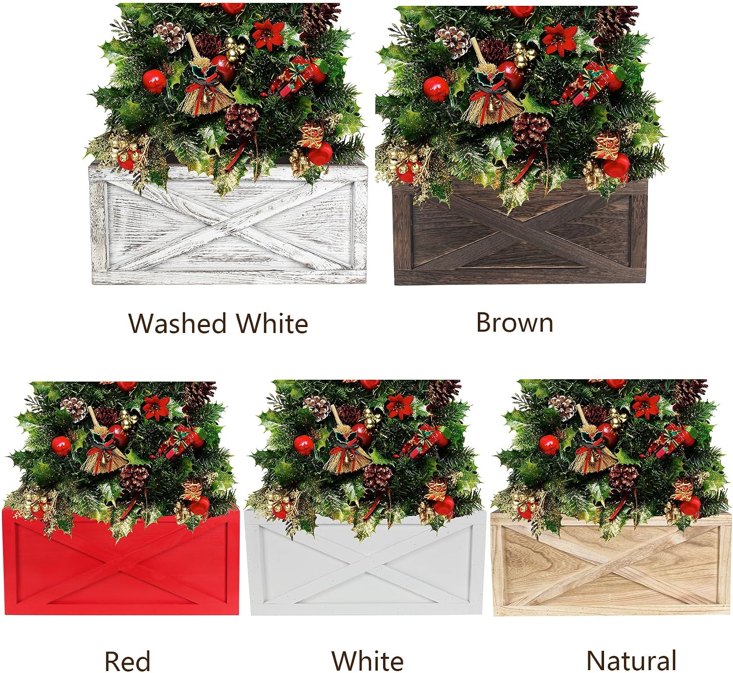 Wooden Tree Collar 22in, Christmas Tree Collar Vintage 4 Panels, Brown Tree Collar Box 100% Solid Wood Disassemble with X-Pattern for Christmas Tree Decoration