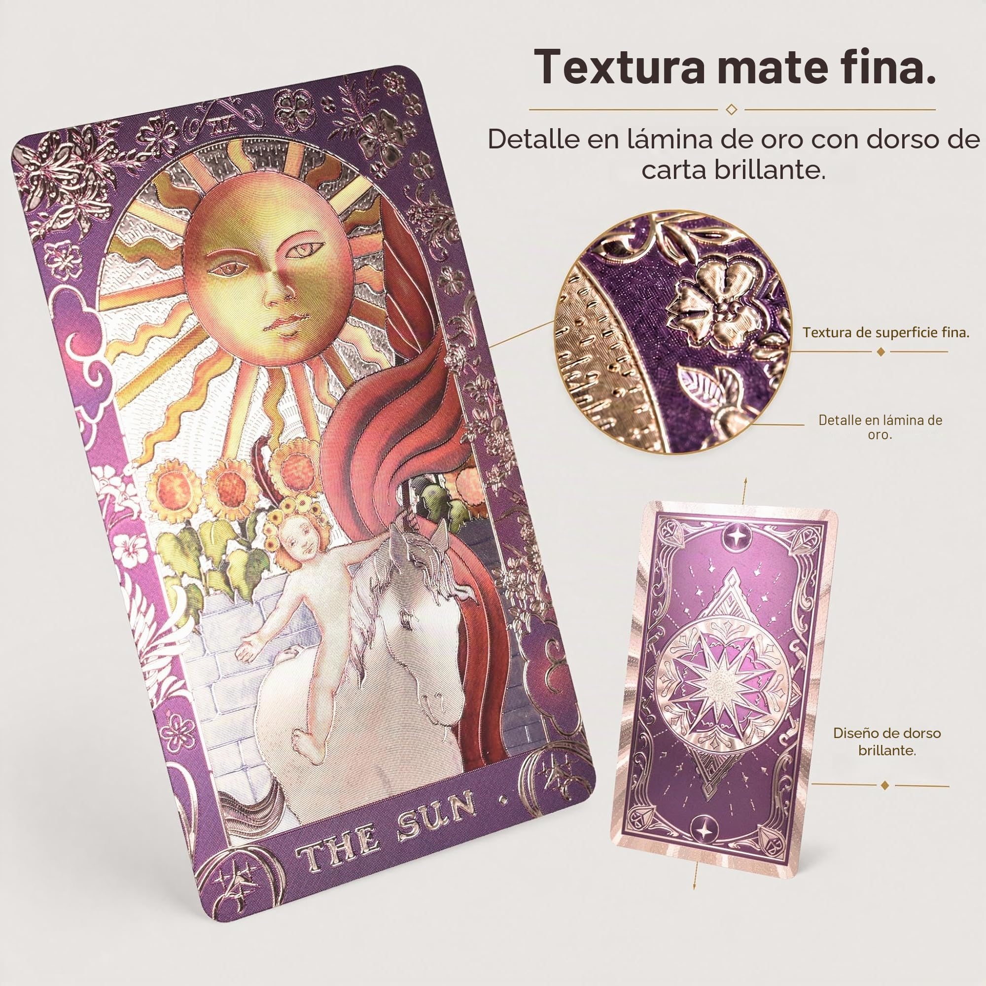 Baraja Tarot Rider Waite en Inglés, 78 Cartas con Lámina Dorada, Diseño Holográfico Impermeable Pet, 2 Cartas de Repuesto, Guía, Bolsa de Terciopelo y Caja de Regalo