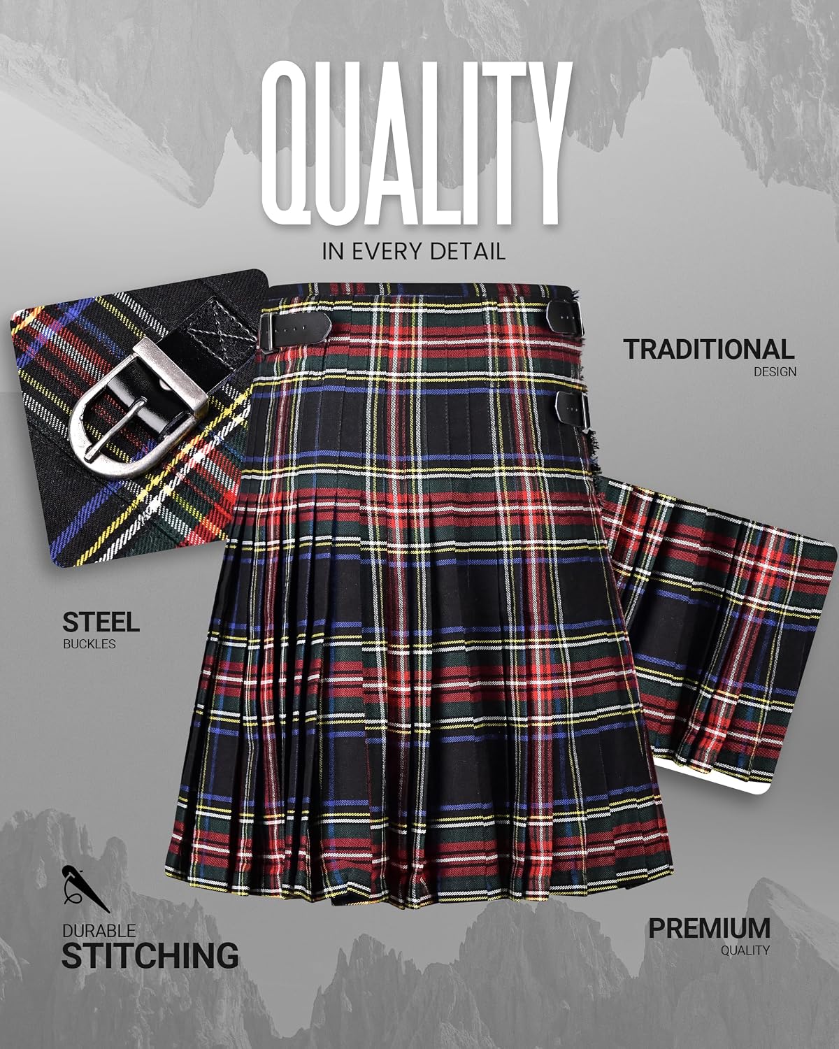 Kilt for Men I Scottish Tartan Kilt Polyviscose 8 Yard Traditional Mens Kilt