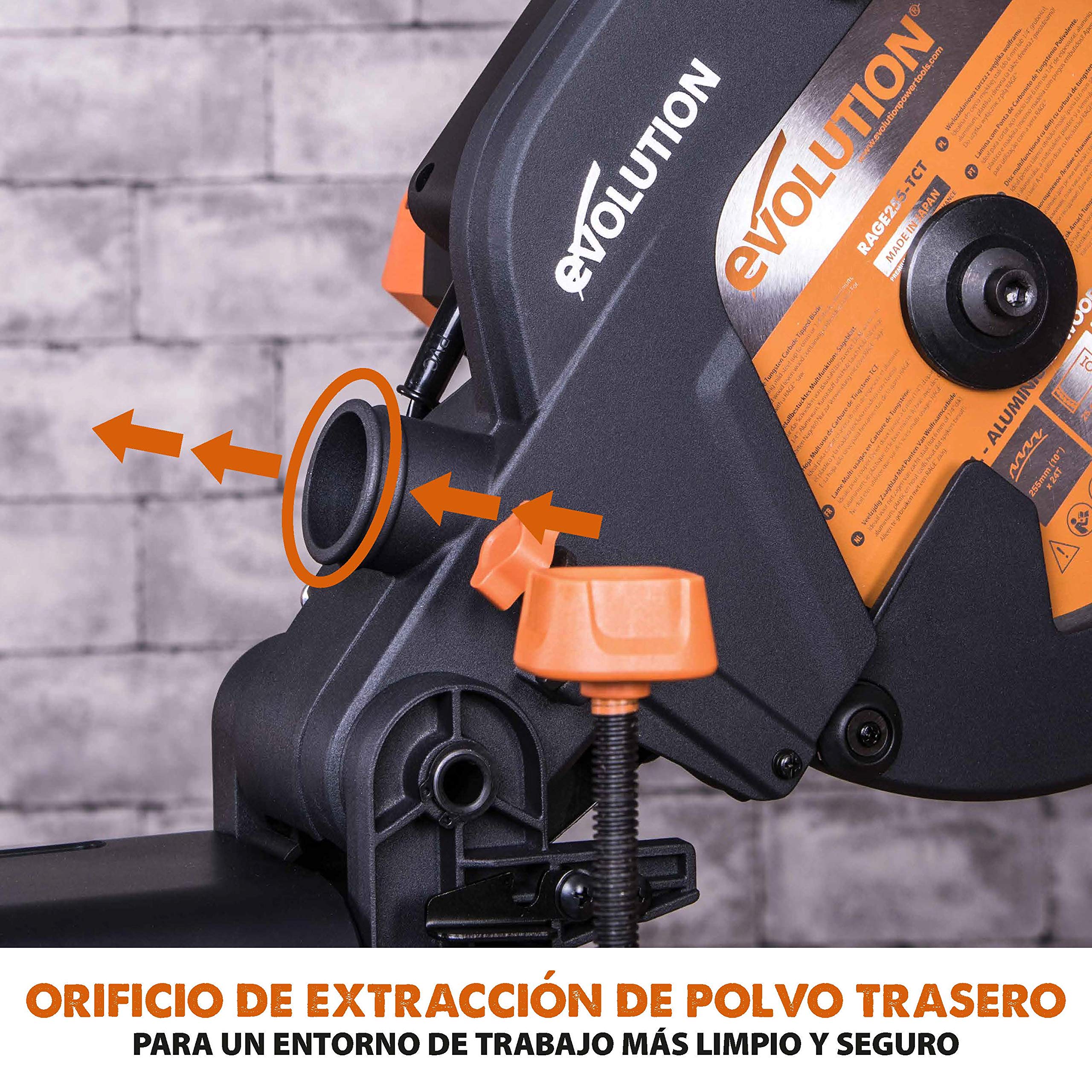 Evolution Power Tools R255SMS Sierra ingletadora Deslizante multimaterial, con Paquete Plus, Corta acero dulce, aluminio, plástico, madera con clavos incrustados 230 V, 255 mm