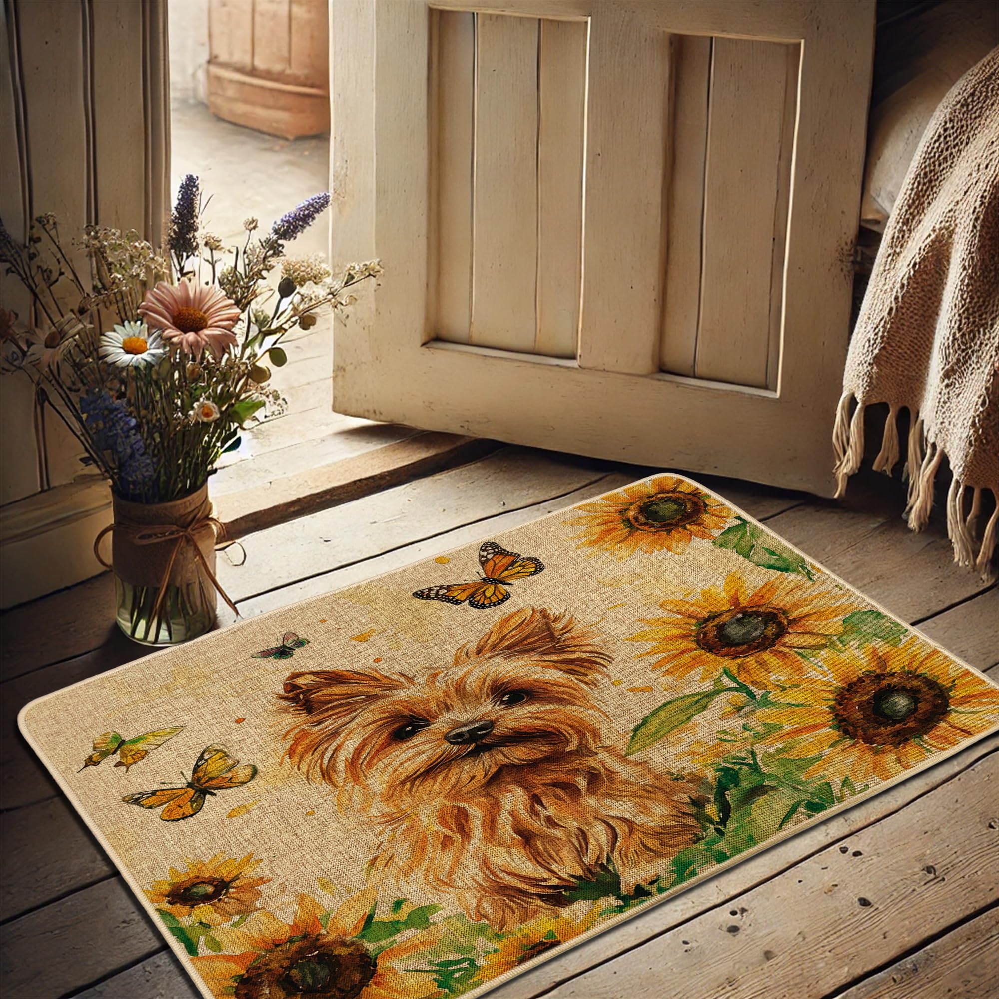Sunflower Yorkshire Terrier Doormat, Beige Dog Door Mat for Spring Home Decoration, Non-Slip Indoor Outdoor Entrance Rug, Easy to Clean 29x17 Inch