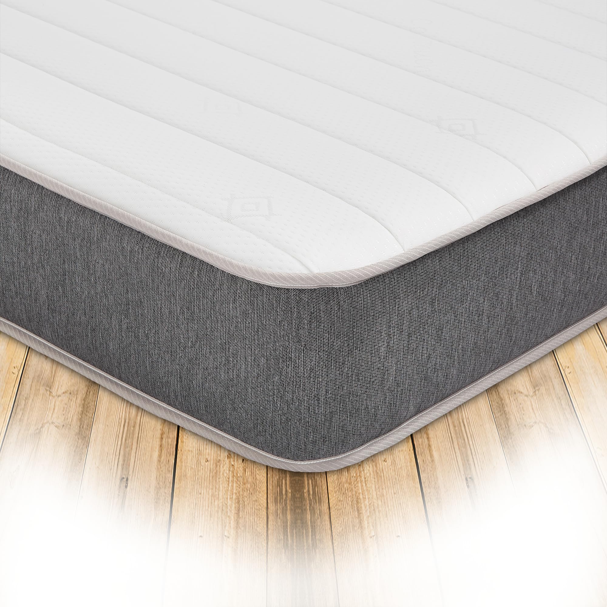 Starlight Beds Cooltouch Linear 8 Inch Hybrid Mattress. 2ft6 x 5ft9 Shorty Mattress with Memory Foam Layer and Spring Unit. Grey/White, Soft Firmness.