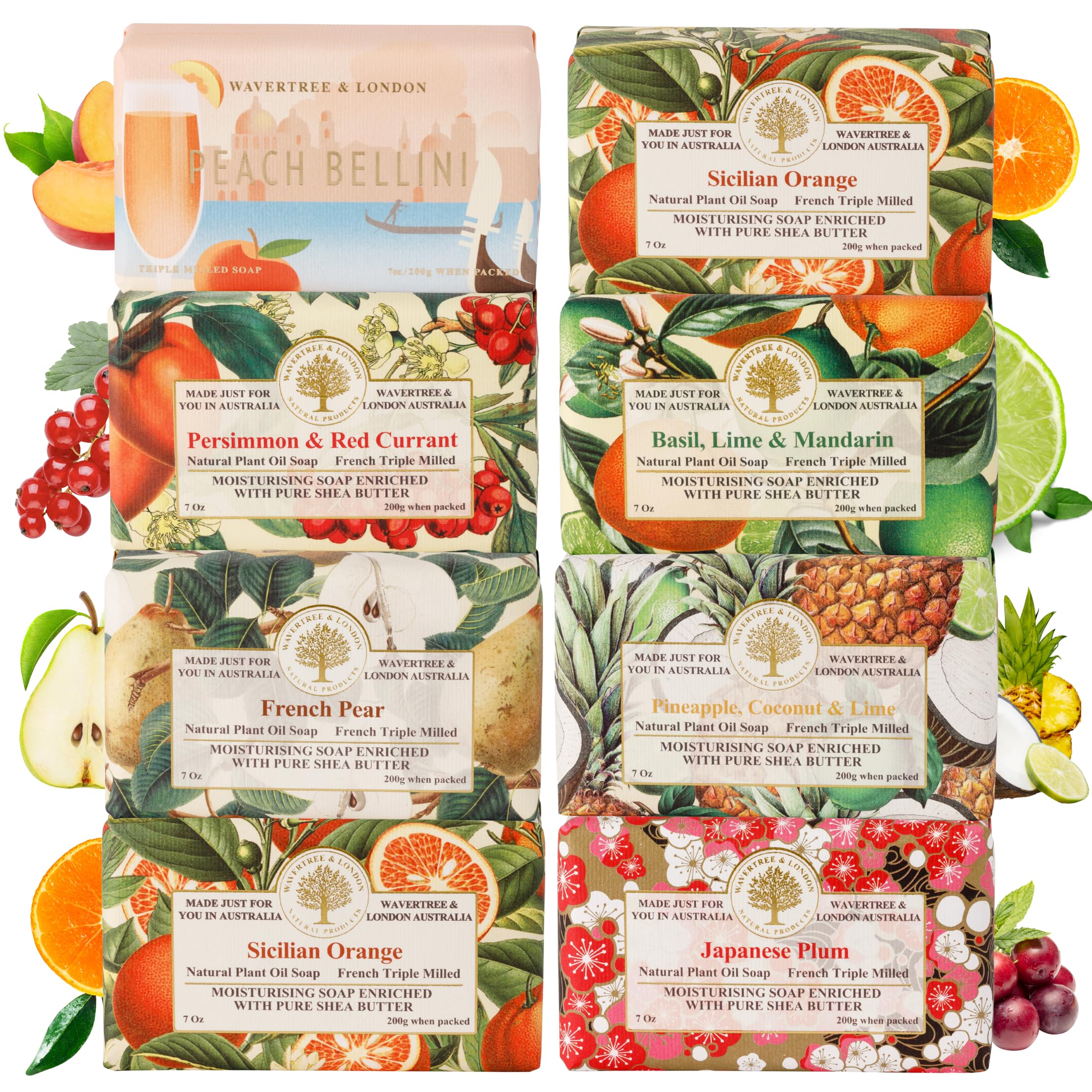 Wavertree & London Assorted Fruity Scents Natural Soap Bars (Pack of 8), 7oz Moisturizing Triple Milled Soap Bars Enriched with Shea Butter and Pure Plant Oils | All Body & Bath Soap