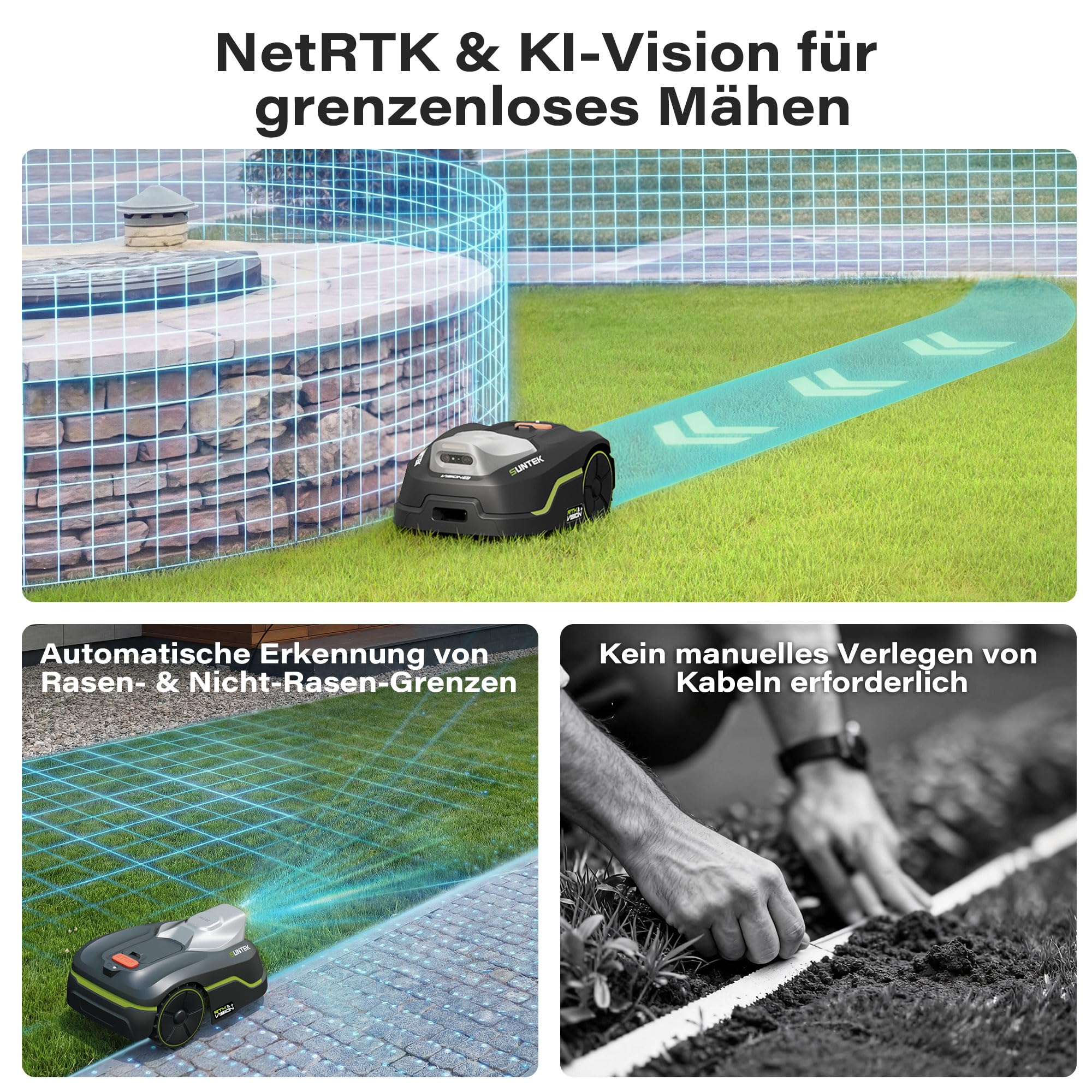 SUNTEK Mähroboter ohne Begrenzungskabel, RTK+Vision+TOF LiDAR Rasenmäher Roboter, KI Auto Kartierung 35% Steigung, Smarte Hindernisvermeidung, Multizonen-Management, App-Steuerung, für 500-750 m²