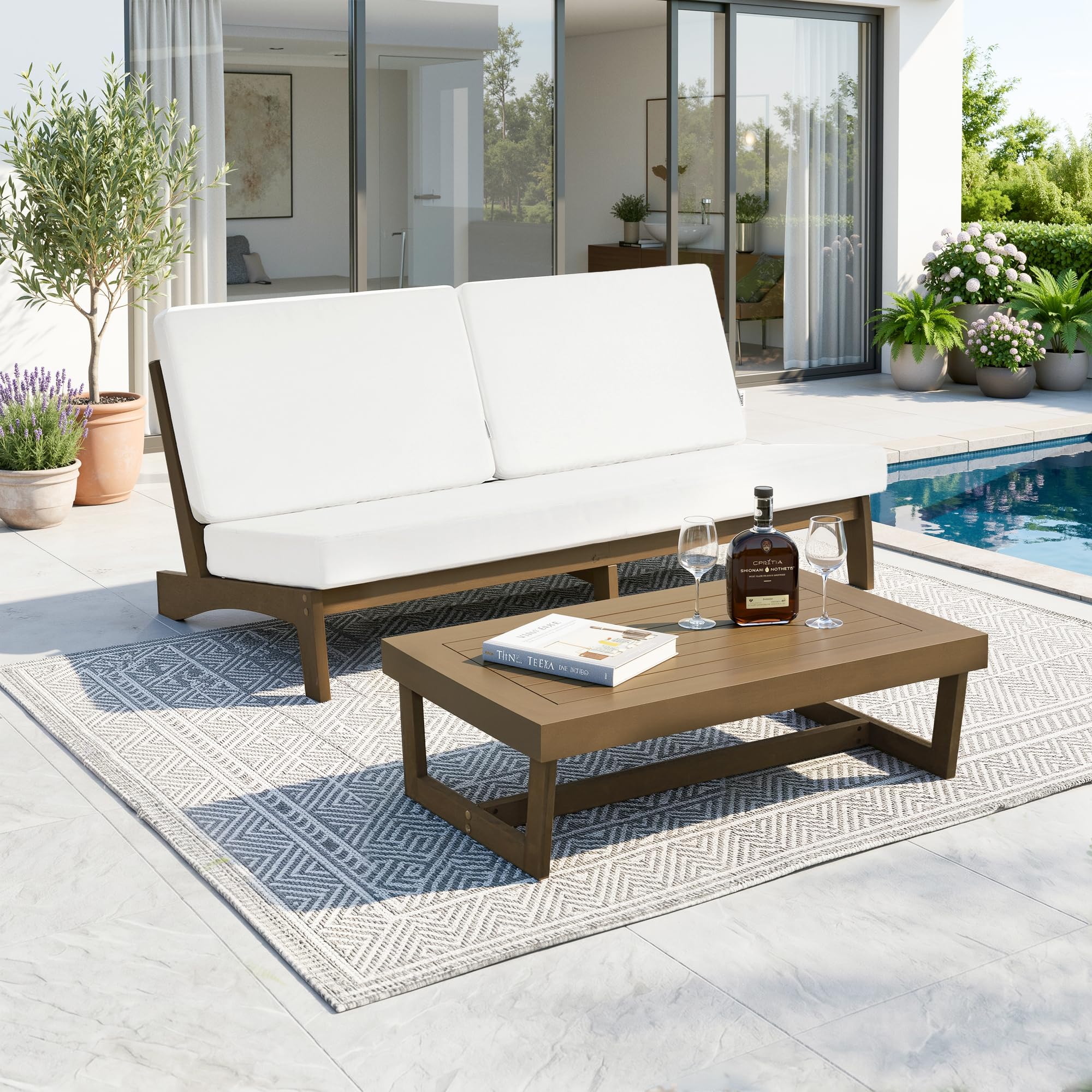 Pia Ricoo 2-Piece Patio Furniture Set, Outdoor Wood Sofa with Coffee Table, 4.5-Inch Thick Cushions, All-Weather Conversation Set for Backyard, Deck, Lawn - Beige