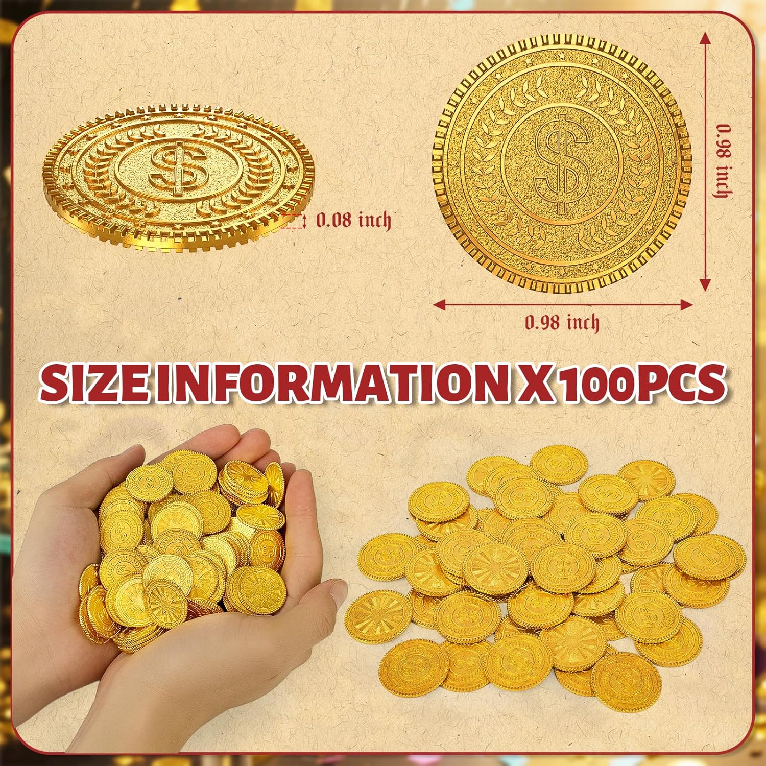 Byhoo 100 PCS Metal Gold Coins,DND Pirate Coins,Stress Relief Tool,with Velvet Drawstring Pouch for Board Games,Role Playing,Treasure Hunts,Pirate Adventure Themed Play Favor