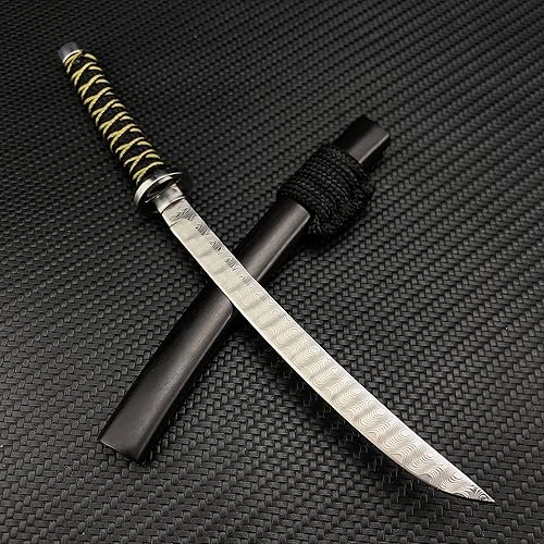 Miniatura 1 de HUAAO Mini cuchillo katana, hoja de acero de Damasco de 4.7 pulgadas, mango envuelto en cable, vaja, mini abridor de letras de espada japonesa para