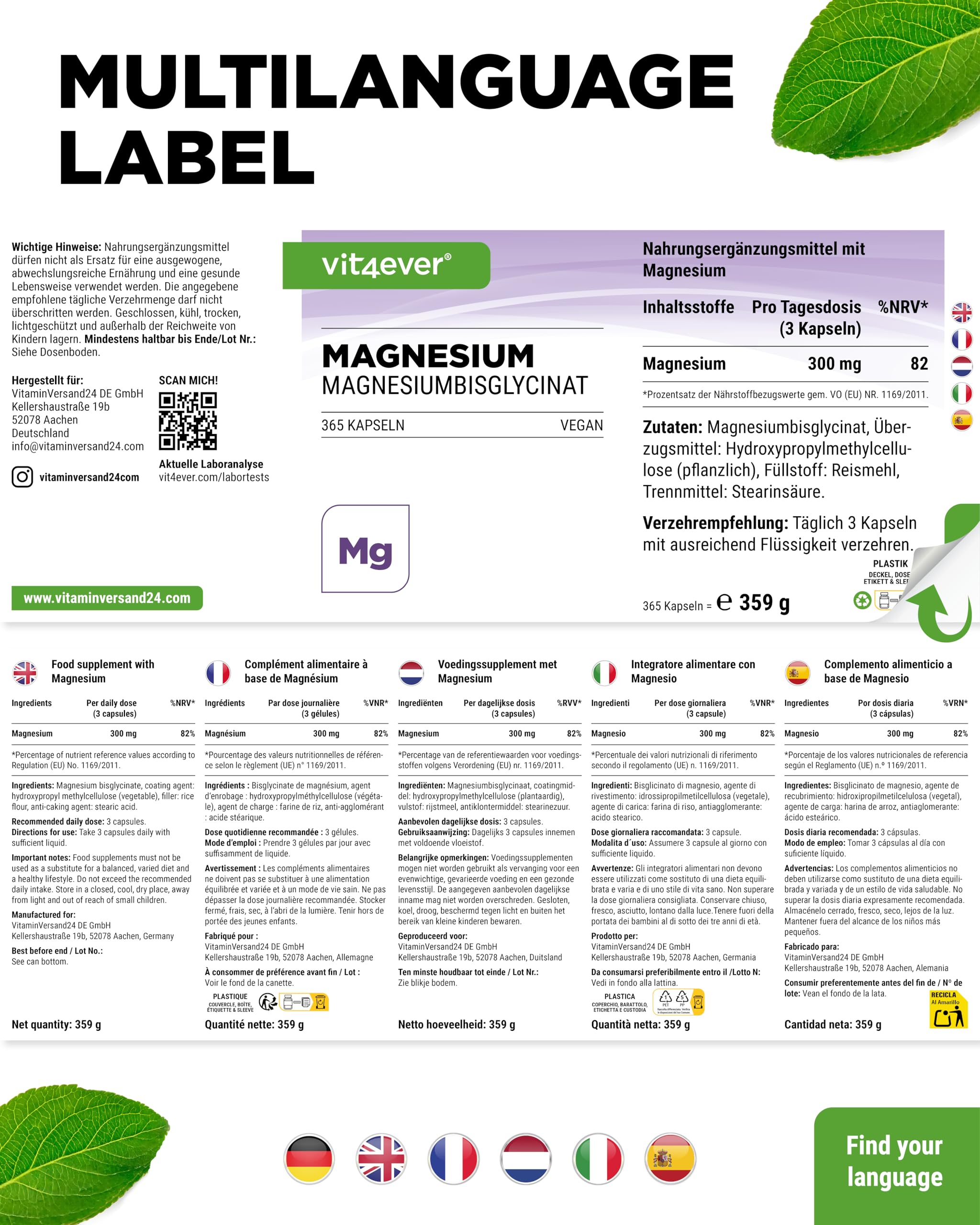 vit4ever Magnesiumbisglycinat - 365 Kapseln - 300 mg elementares Magnesium pro Tagesdosis - Premium: Chelatiertes Magnesium - Laborgeprüft, vegan, hochdosiert | 300 mg elementares Magnesium pro Tagesdosis, Premium chelatiertes Magnesium, vegan