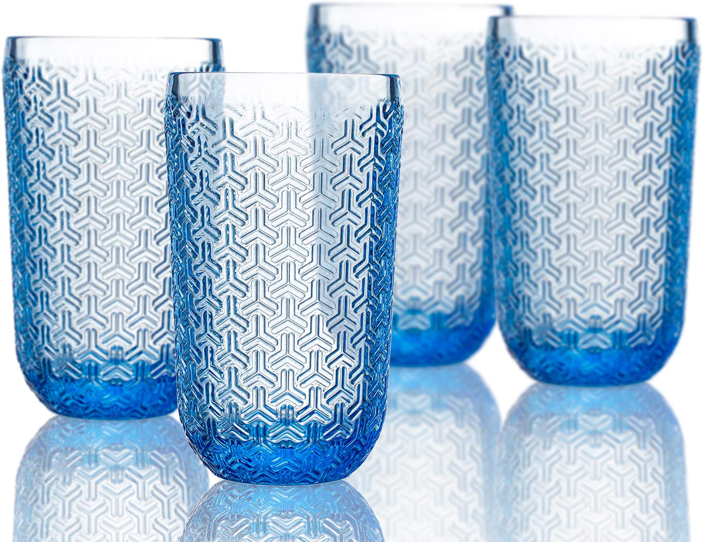 Elle Decor 4 Piece Set Highball, Blue, Bistro Key, 14 Ounces