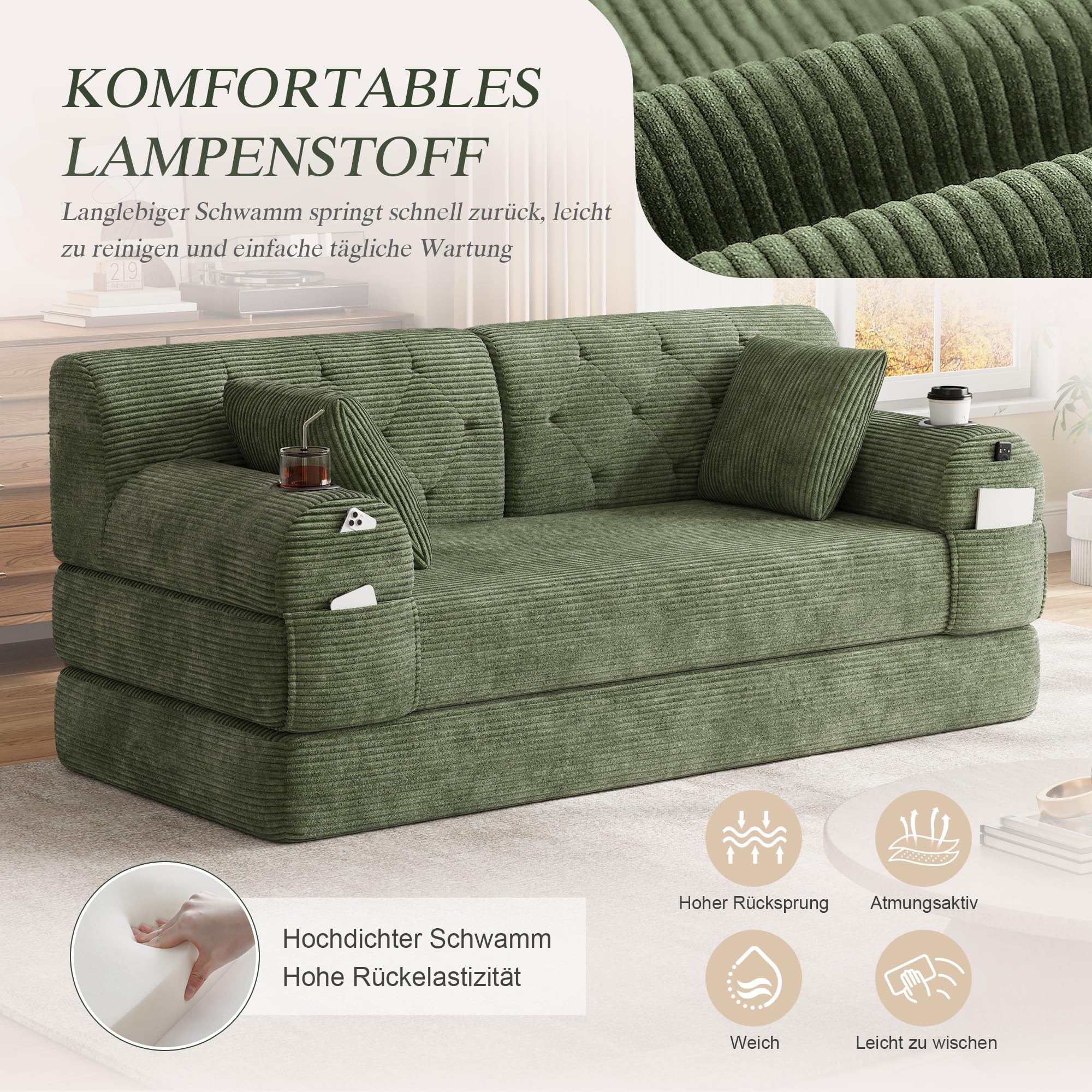 Divano Letto 2 posti con Struttura in Metallo, 2 Portabicchieri e 4 Tasche Laterali, divano Modulare Pieghevole a Compressione, divano Convertibile in Velluto a coste, Sofa Soggiorno, Verde