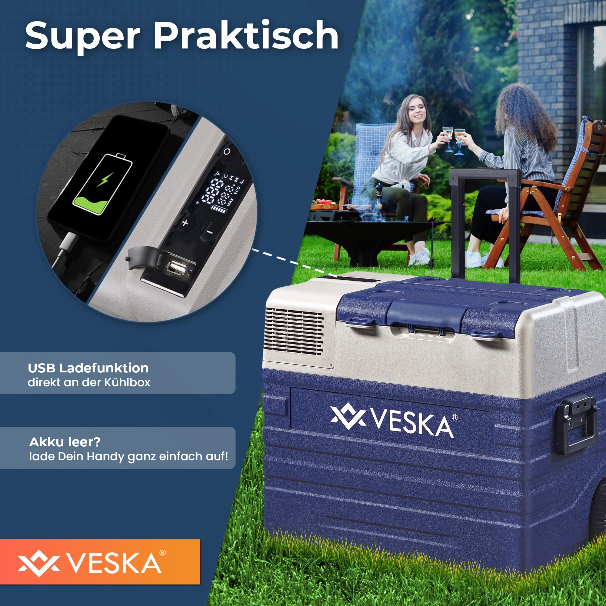 Kompressor Kühlbox elektrisch, Gefriertruhe mit APP-Steuerung, USB-Anschluss, 12/24V, 230V, Räder, transportabler Kühlschrank, Kühltruhe, Gefrierbox bis -20 °C für Auto, LKW, Boot (42L - blau)