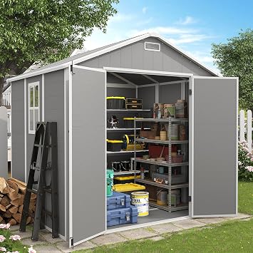 Outdoor Storage Shed, 8x6 FT Resin Shed with Floor Included and Lockable Door, Window & Vents, Tool Sheds, Outdoor Storage for Bike, Garden Accessories, Tools, Waterproof
