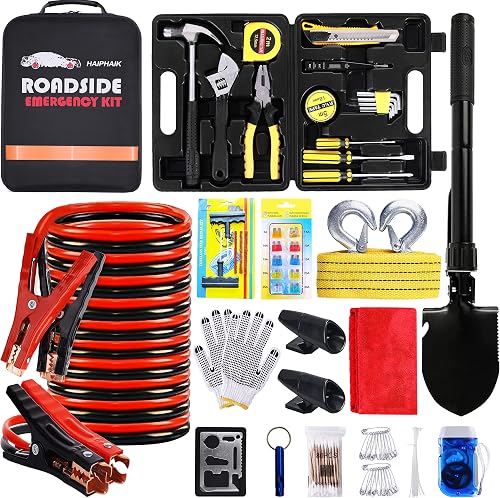 HAIPHAIK Car Emergency Roadside Kit - Roadside Assistance Emergency Kit, Car Emergency Kit with Jumper Cables, Safety Kits for Cars,Folding Shovel, Tow Rope,Car Tool Kit