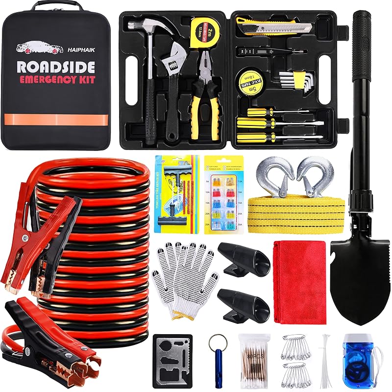 Kit de Segurança e Emergência Automotiva HAIPHAIK com Cabos de Transferência e Pá Multifuncional XXXL-04, 110 peças