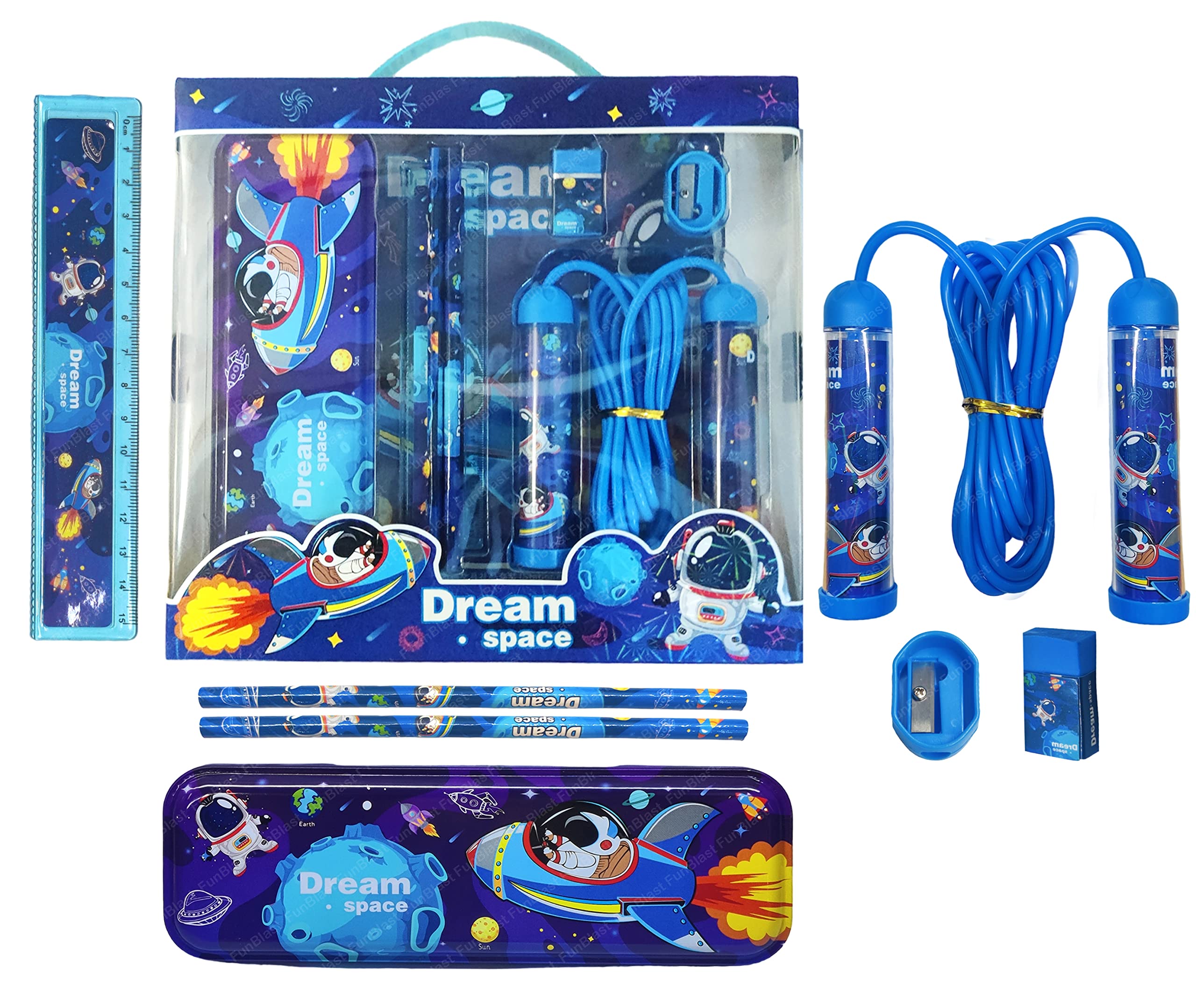 FunBlast Space Stationary Kit for Kids - Stationery Box Pencil Pen Eraser Sharpener and Space Pencil Box Skipping Rope - Stationary Kit Set for Boys and Girls, Birthday Gift for Kids (Space) (B0C69BBKJK) Amazon Price History, Amazon Price Tracker