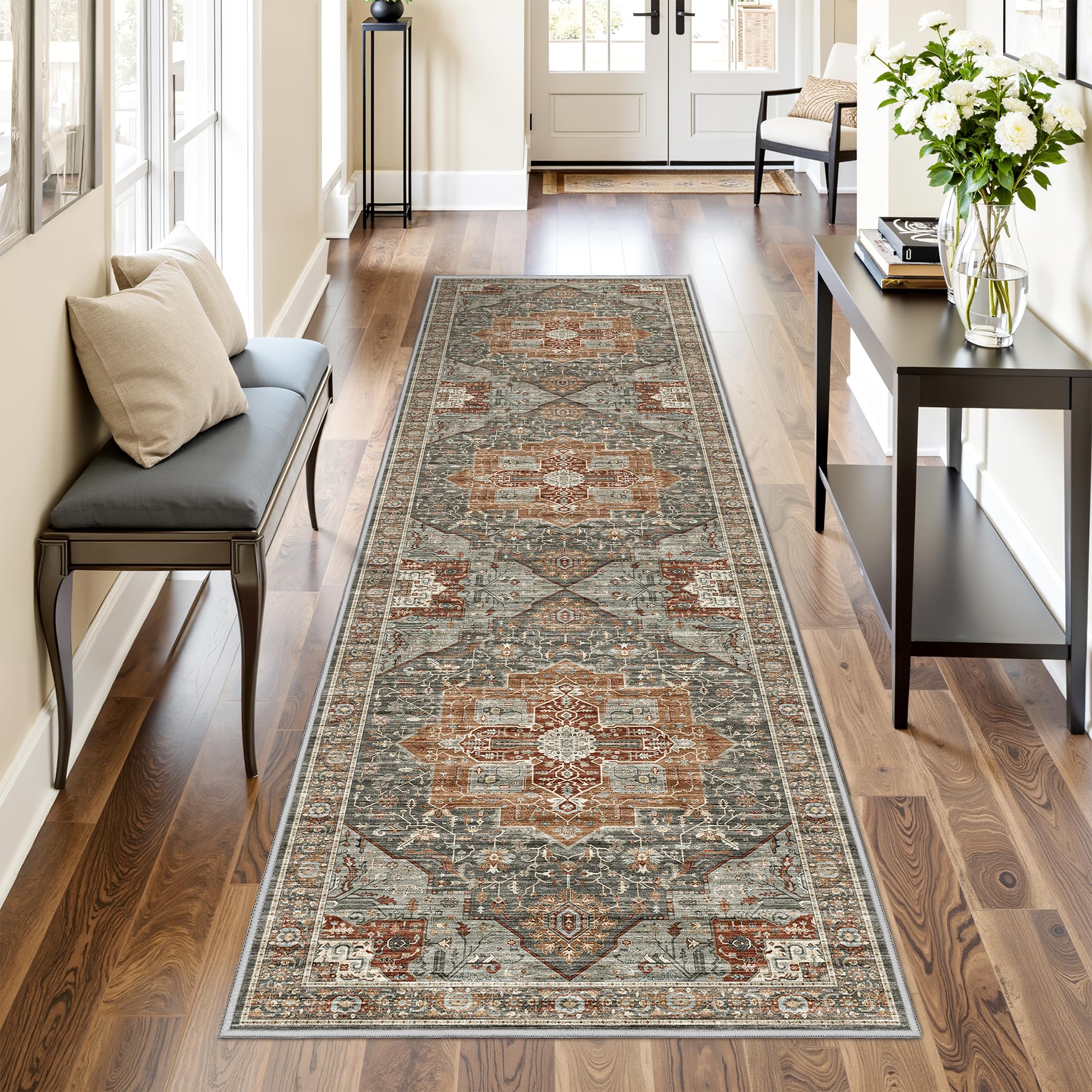 Restydon Runner Rug 2x8 Runners for Hallways Non Slip Washable, Vintage Hallway Runner Rugs for Living Room, Low Pile Soft Hallway Rug for Kitchen