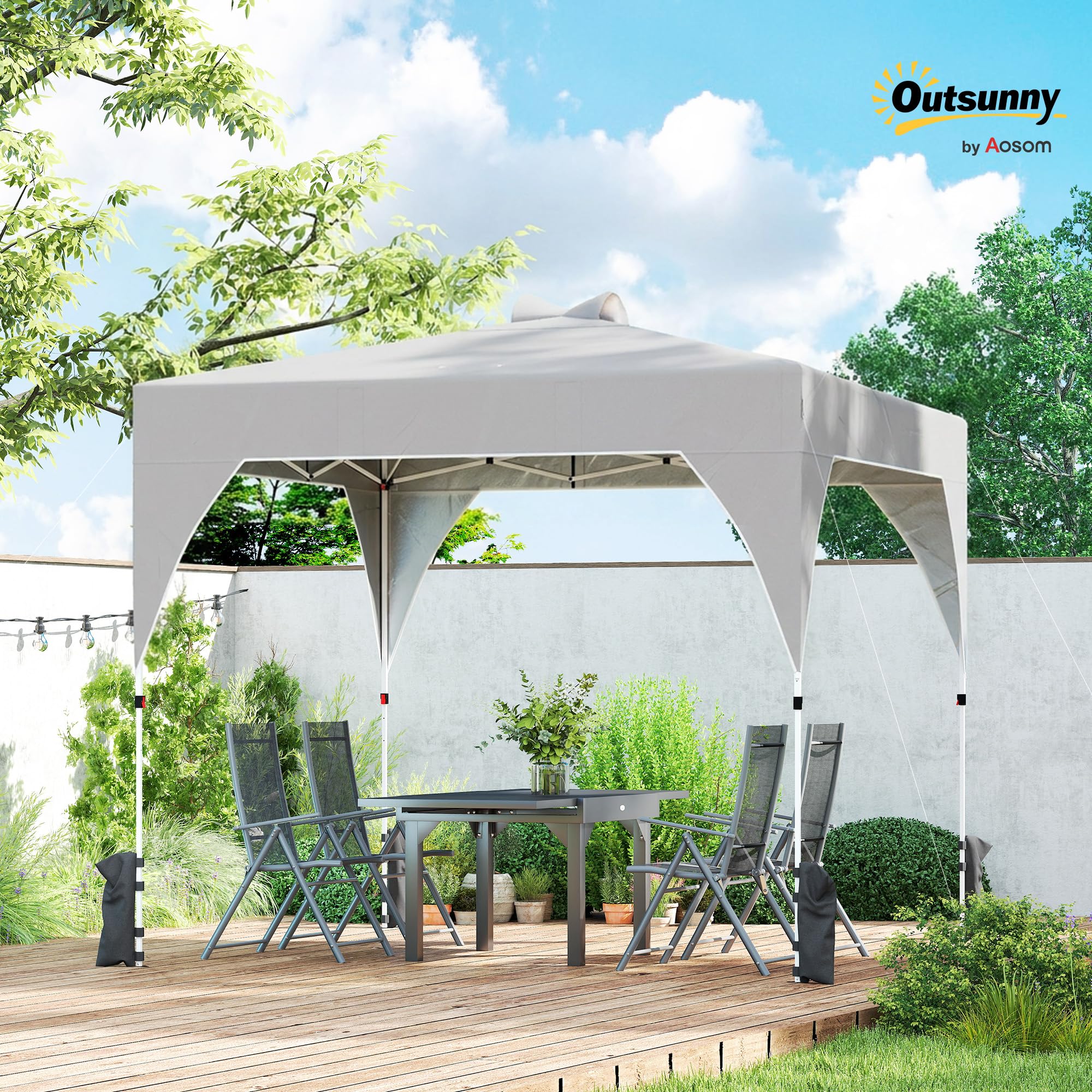 Outsunny Gazebo Pieghevole 3x3m Pop Up con Pulsante Centrale Grigio Scuro | Facile da Montare, Gazebo da Giardino, Altezza Regolabile, Prese d'Aria, Sacchi di Sabbia, Borsa, UV50+, Feste Esterno