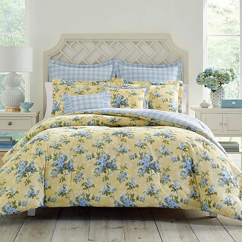 Laura Ashley - Juego de funda de edredón tamaño King, ropa de cama de algodón reversible con fundas a juego, incluye fundas de almohada europeas