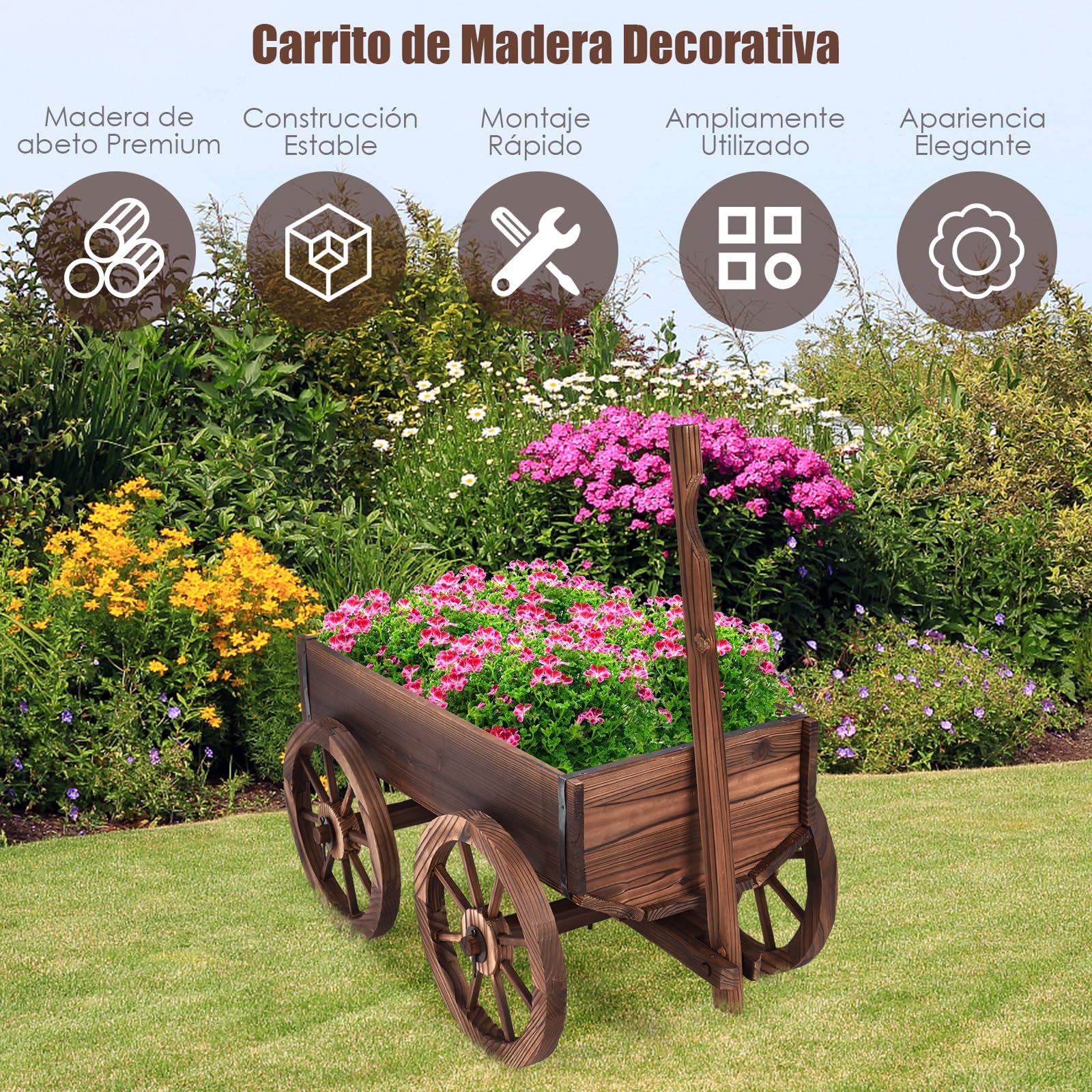 GOPLUS Carrito de Madera para Planta con 4 Ruedas y Mango, Macetero Decorativo Exterior con 2 Agujeros de Drenaje, Jardinera Jardín para Terraza, Patio, 65 x 34 x 20 cm, Marrón