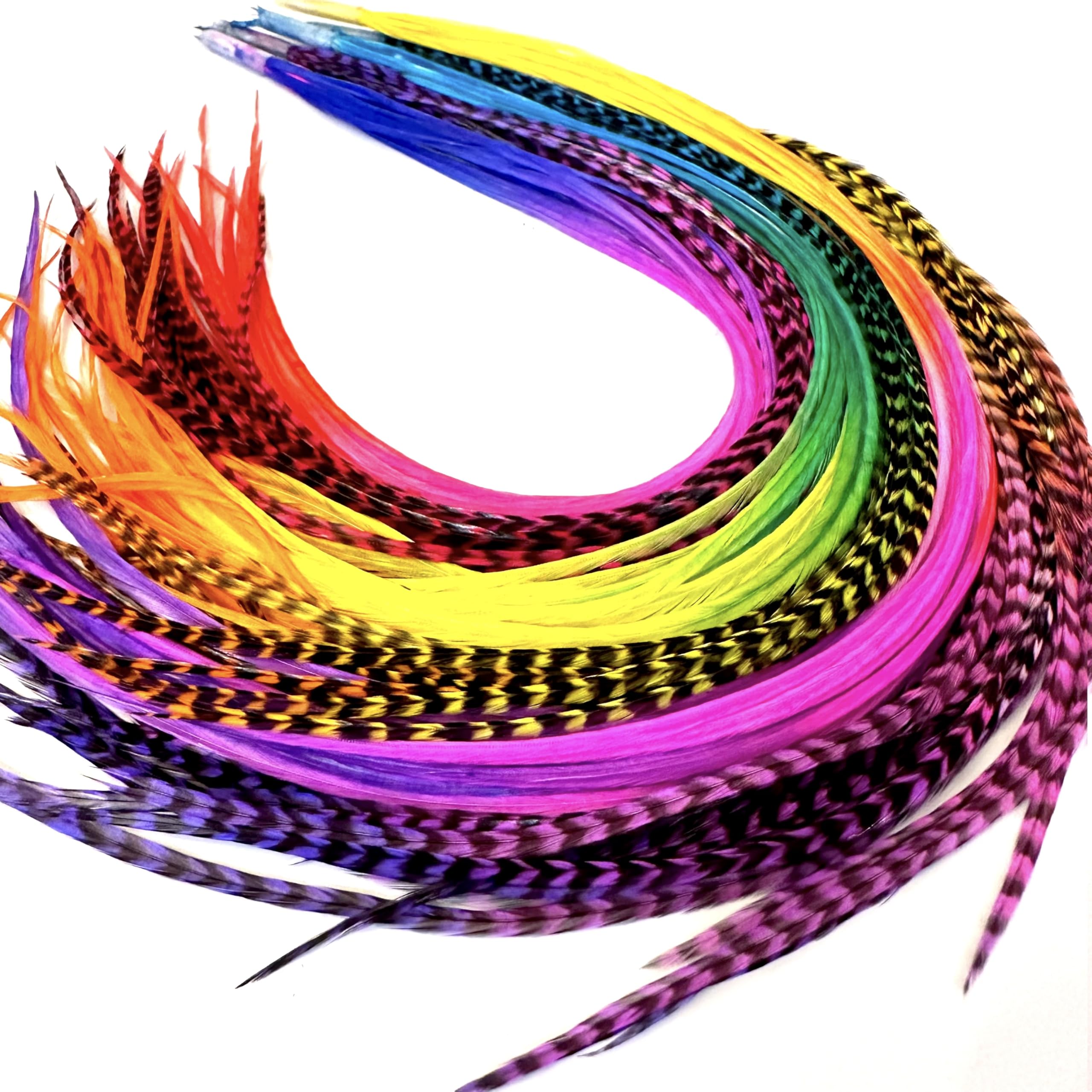 21 Rainbow Tie Dye Color Hair Extensions – 9”–14” Long – DIY Rooster Kit with 20 Micro-Link Beads – 100% Real Feathers – Eye-Catching Boho Style