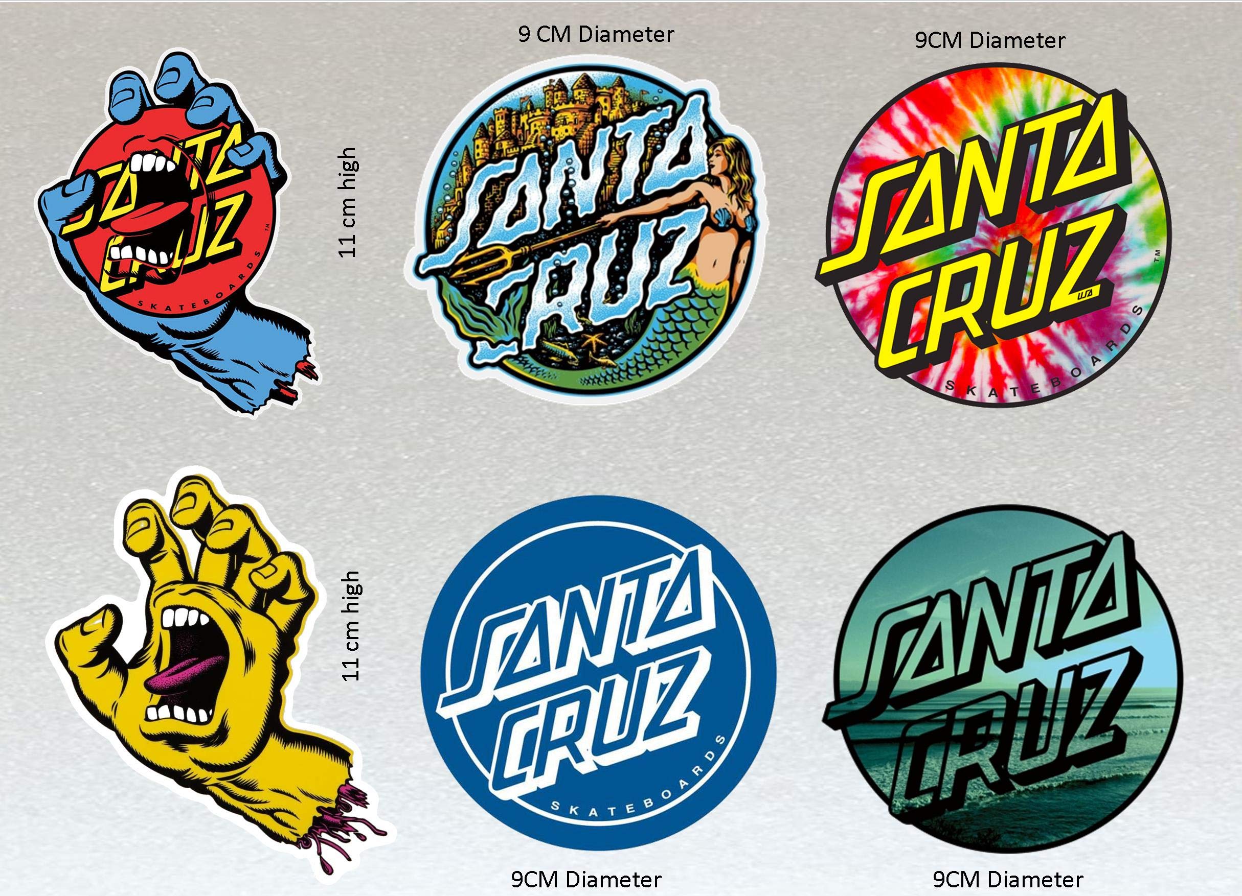 Santa Cruz Board Stickers Set X6 (Laminated) Water Resistant Includes Screaming Hands & Mermaid, Unique Set