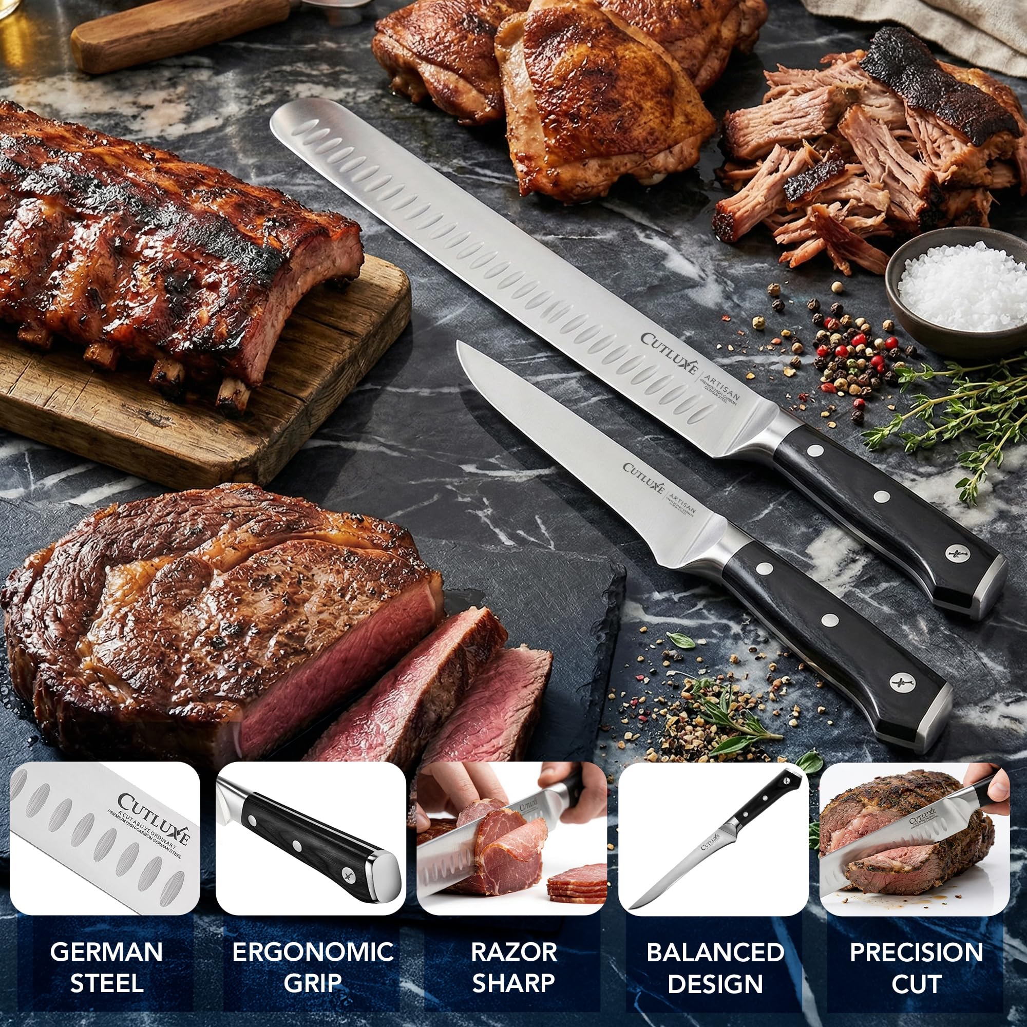 Cutluxe BBQ Zestaw Do Krojenia - Nóż Do Plastrowania Brisket i Trybowania Mięsa - Profesjonalny Nóż Z Niemieckiej Stali, Pełny Trzpień, Ergonomiczne Uchwyty - Seria Artisan