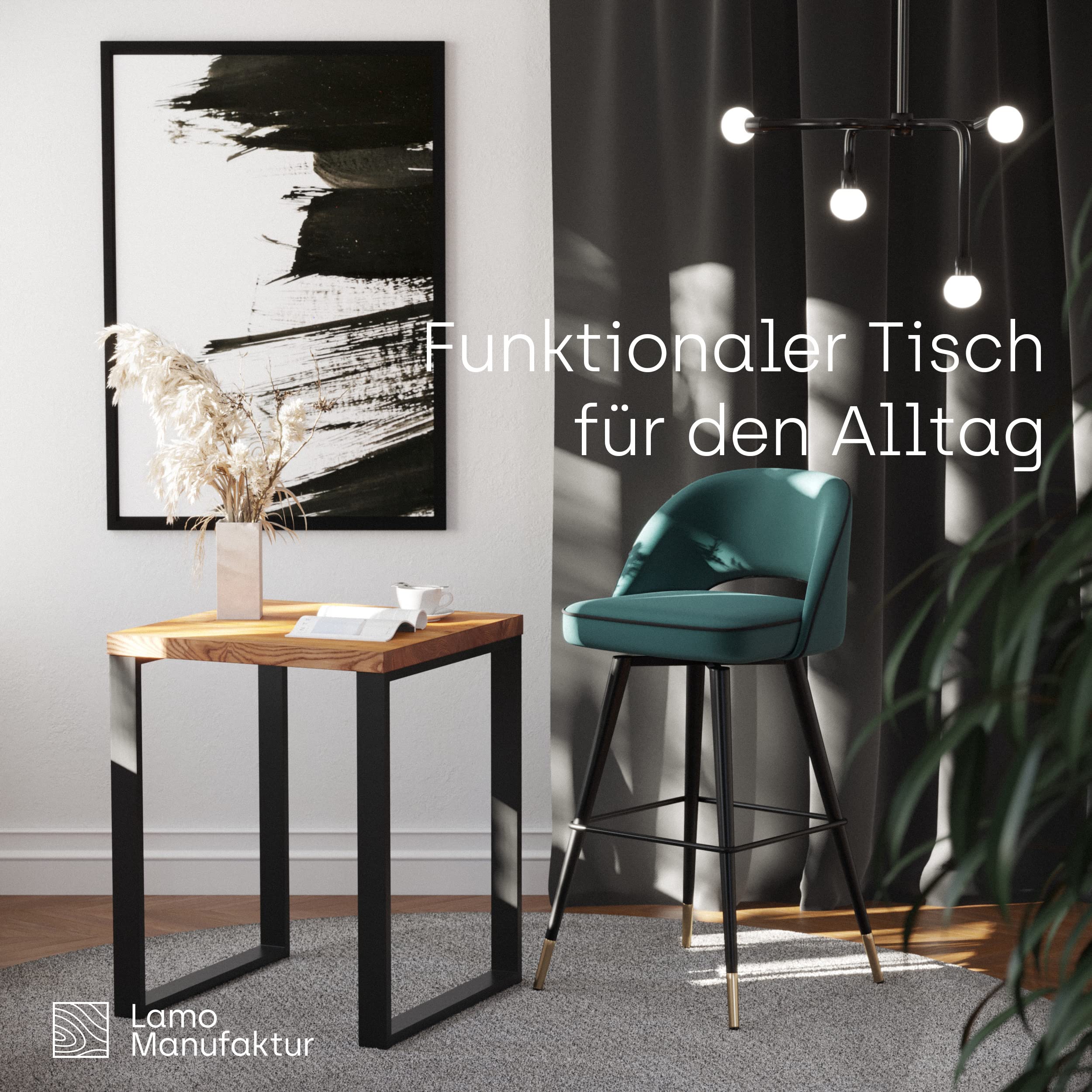 LAMO Manufaktur tavolino in legno con bordo dritto, tavolino da caffe, tavolo da cucina 60x60x76 cm (LxWxH), Modern, Frassino Naturale/acciaio grezzo laccato, LBG-01-A-002-0000M