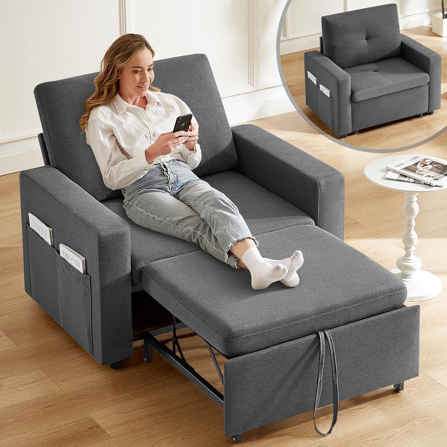 WEUP 42.5" Sleeper Chair Bed, 3-in-1 Convertible Reclining Sofa Chair with Pull Out Couch Bed, Adjustable Backrests, Side Pockets, Basic Beige