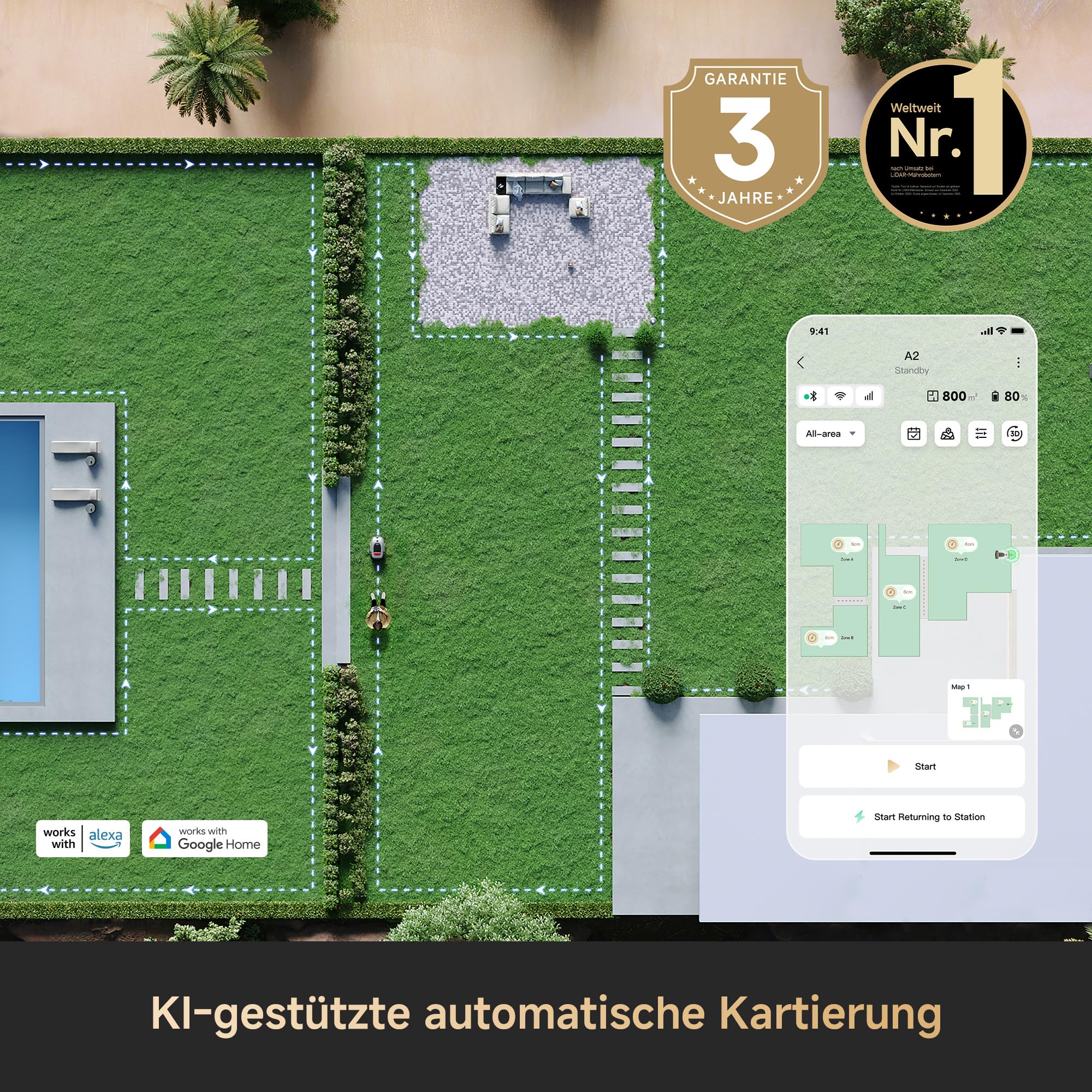 DREAME A2 1200 Mähroboter – kabellos ohne RTK, für Flächen bis zu 1200 m², mit 360° 3D-LiDAR & KI-Vision, Steigfähigkeit bis zu 50% (26,5°), u-förmiger Mähpfad, 5 cm EdgeMaster-Präzisionsschnitt