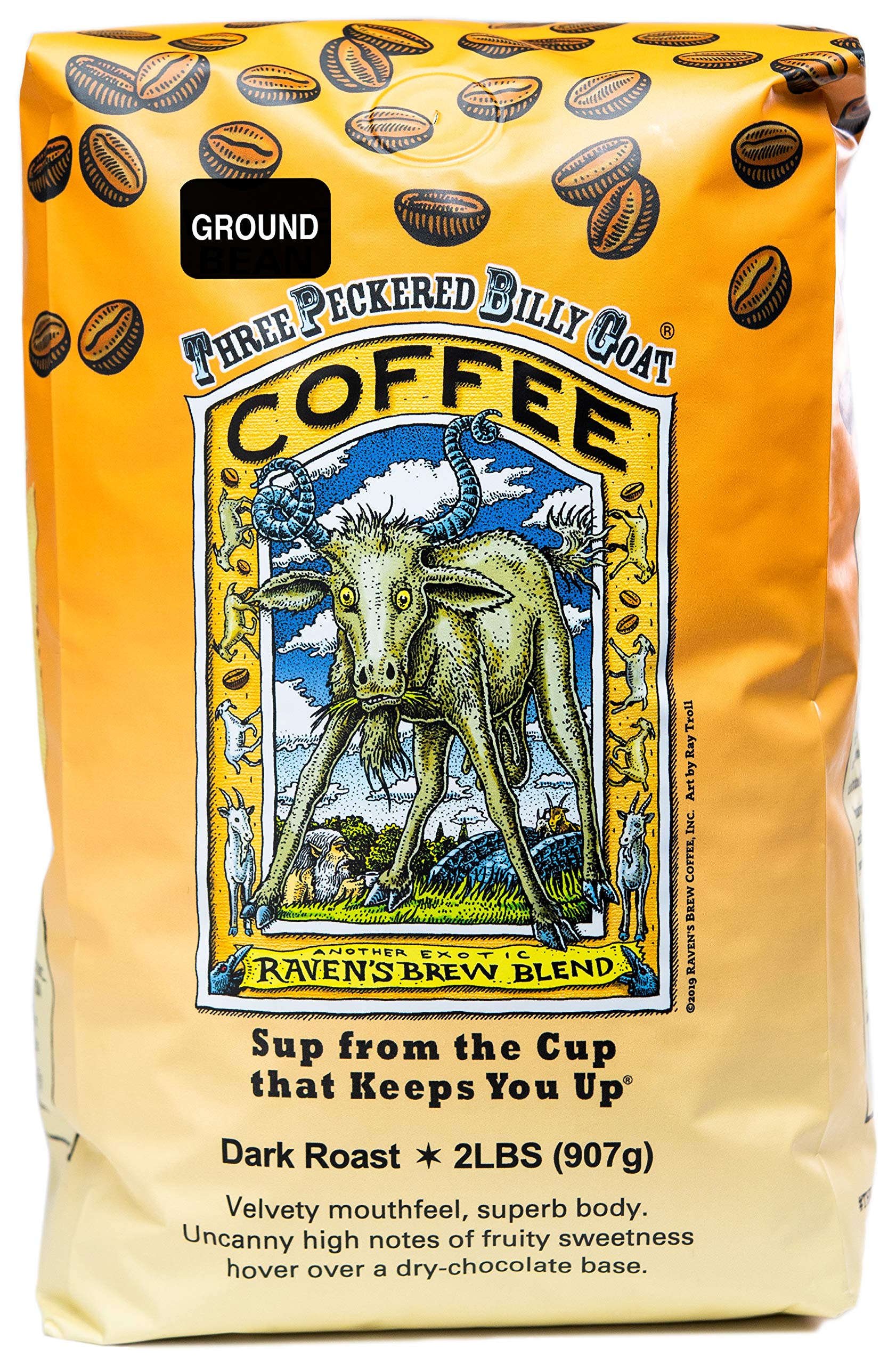 Raven's Brew Coffee High Caffeine Coffee Dark Roast Ground - Three Peckered Billy Goat 2lb