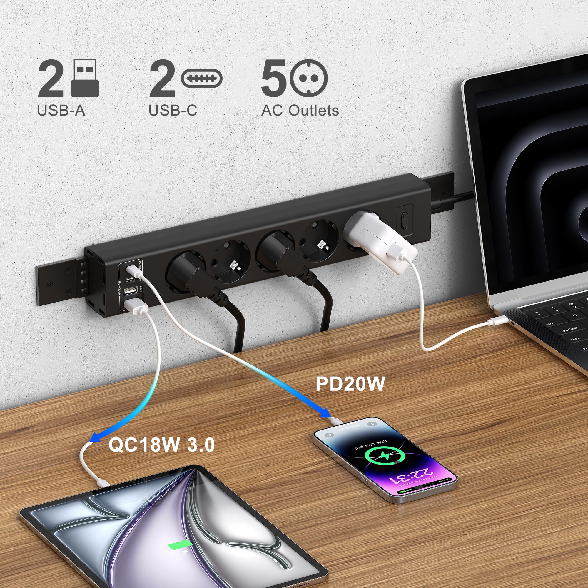Multiprise 5 prises - Montage sous table - 2USB-C (PD20W) + 2USB-A (QC3.0 18 W) - 4000 W - Multiprise à monter sous le meuble avec interrupteur de protection contre les surcharges - Solution de