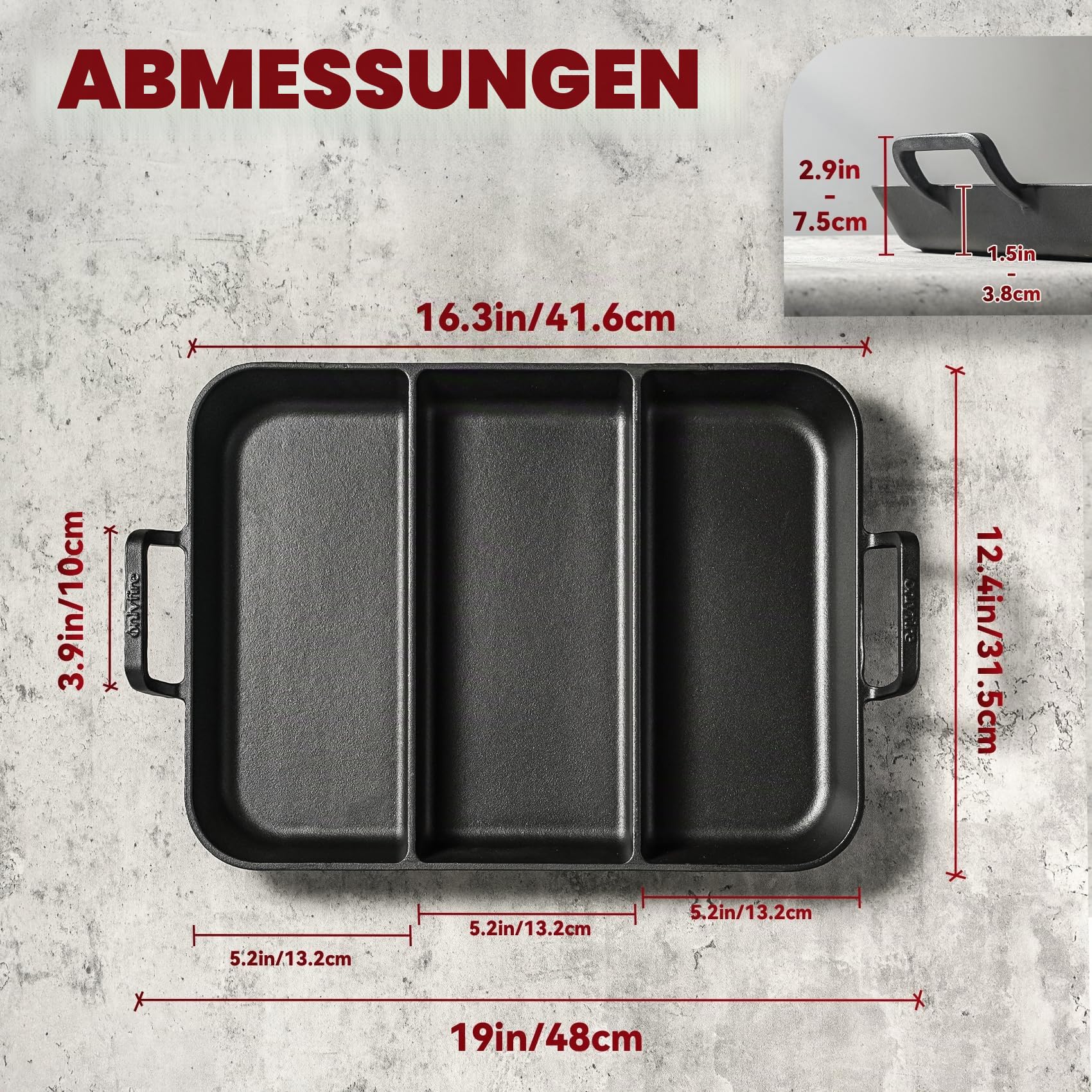 Onlyfire Gusseisenpfanne mit Griff, Gusseisen Grillplatte mit 3 Grillzonen, rechteckige Grillpfanne zum Kochen von Gemüse, Speck, Würstchen, Steak, Brot backen, Geeignet für Grill, Backofen, Herd