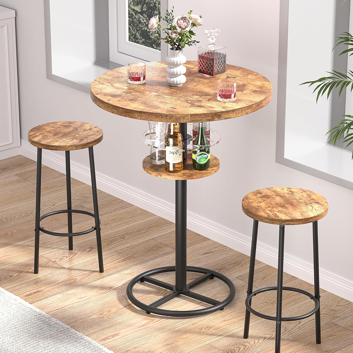 VECELO 3 Piece Bar Table and Chairs Set, Counter Height Bistro Sets with 2 Barstools for Indoor, Small Space Restaurant, Brown