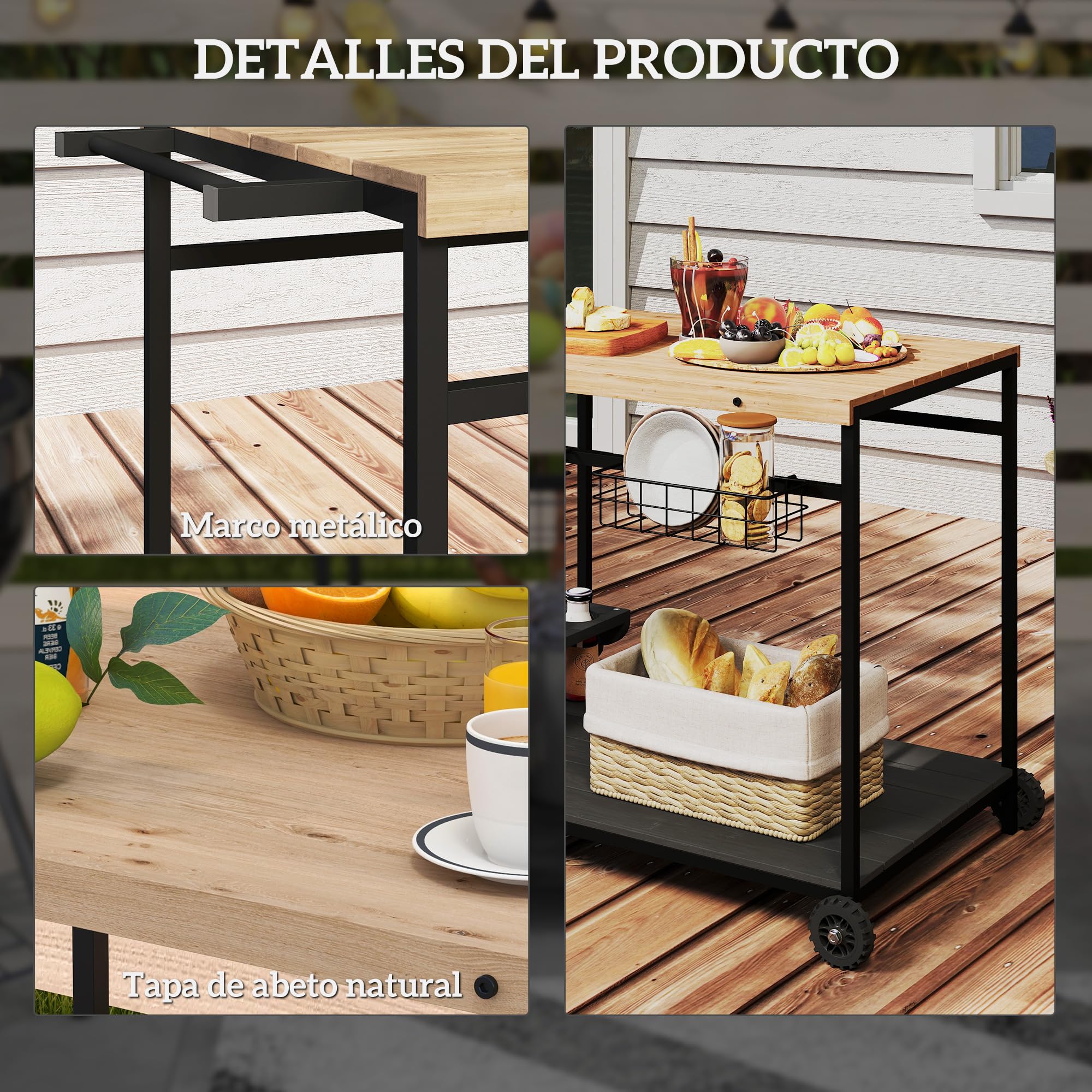 Outsunny Camarera con Ruedas de Madera Carro de Servicio con 2 Estantes 2 Cestas Metálicas y Soportes para Botellas para Jardín Terraza Patio 97,5x65x81 cm Natural y Negro