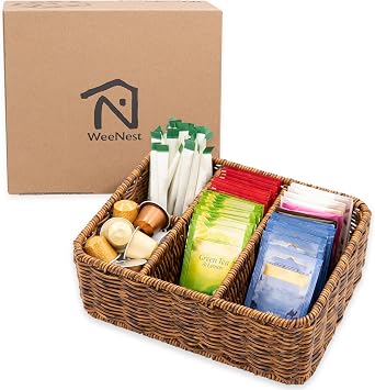 WeeNest Tea Bag Holder Organizer, Coffee Bar Caddy, Resin Wicker, Toffee