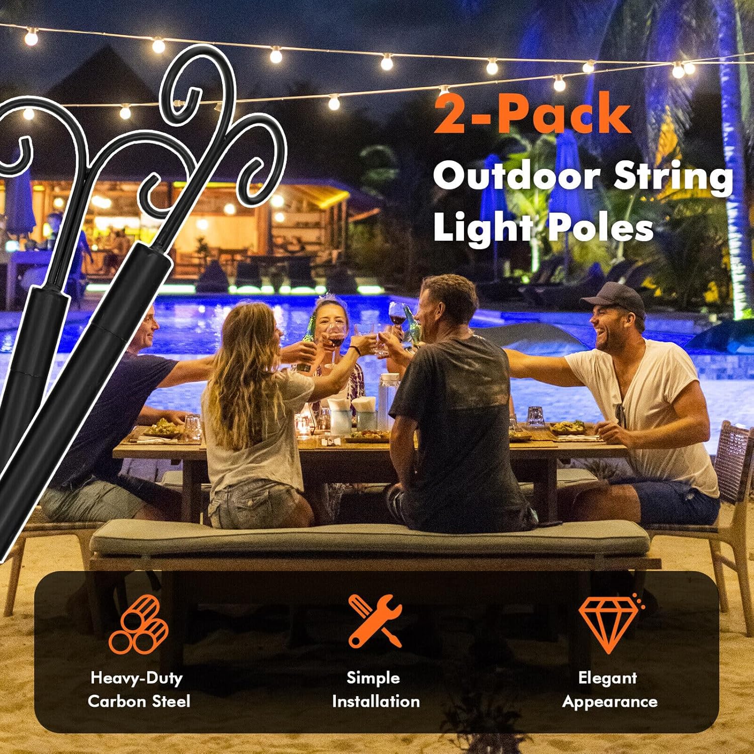 SlickBlue Outdoor String Light Poles 10 Feet 2 Pack with Arc Hook and 5-Prong Base for Patio and Backyard Decor