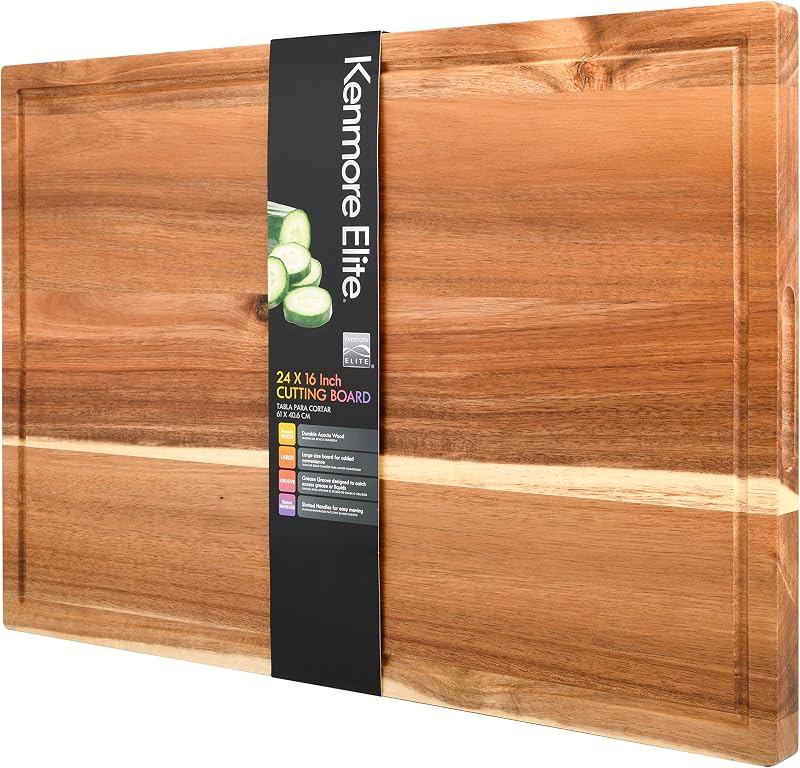 Kenmore Kenosha Tabla de cortar extra grande de madera de acacia, 24 x 16 pulgadas - Tabla de cortar resistente con ranura para jugo para carne, verduras y preparación de comidas