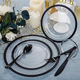 I00000 210 Pcs Clear and Black Plastic Plates, Halloween Disposable Dinnerware Set, Include 30 Dinner 30 Dessert Plates,30 Plastic Cups 9 OZ,30 Pre Rolled Napkins with Cutlery for New Year