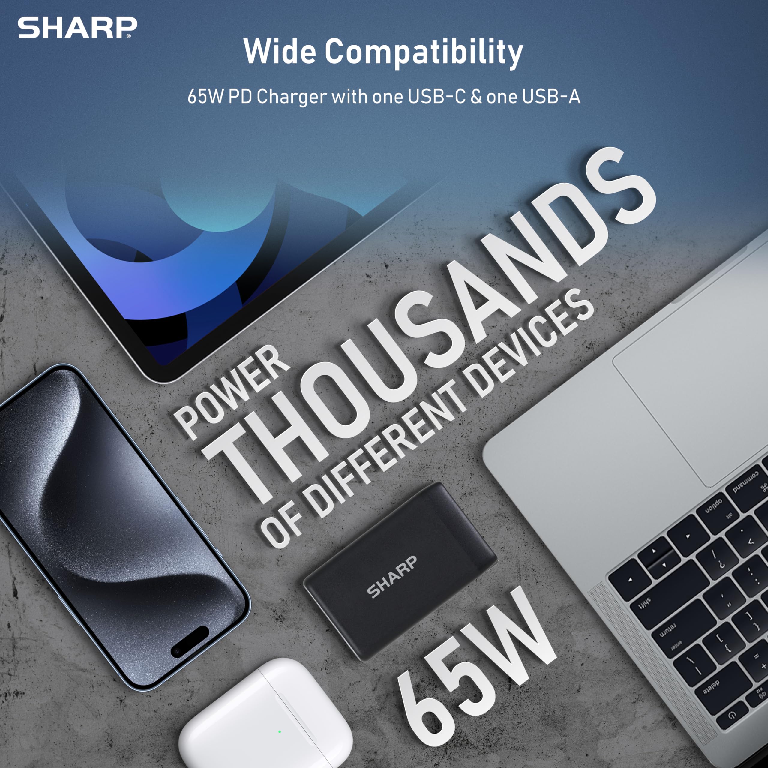 Sharp USB-C Charger, 65W, 2-Port (USB A+C), Compact Foldable GaN Fast Charge for MacBook, iPad, Galaxy S23, Dell XPS, Note 20/10+, iPhone 15/Pro and More - Black, G451A1CU-WHT