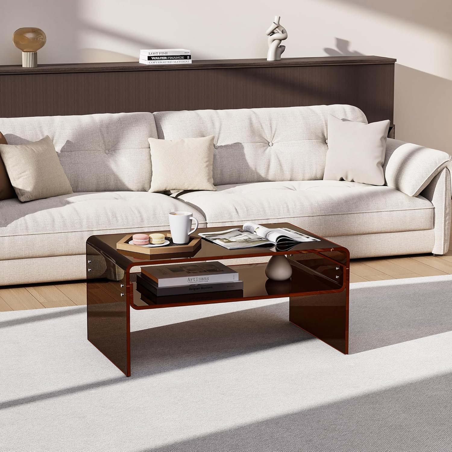 Acrylic Coffee Table for Living Room Clear Rectangle Lucite Table with Open Storage Shelf (1, Dark Brown, Large) Large Dark Brown 1