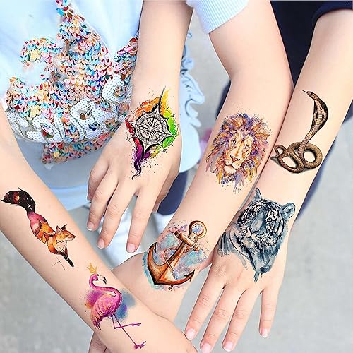 Miniatura 6 de 55 hojas de tatuajes temporales de acuarela 3D para mujeres, hombres, adultos y niños, estampado de animales realistas, tribal, floral, diseños